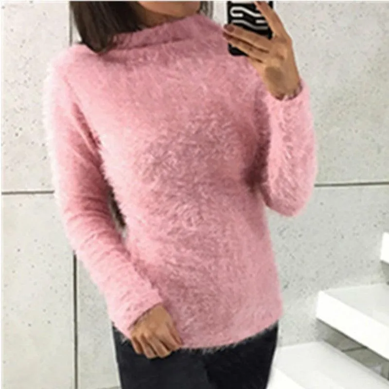 HIGH COLLAR FUZZY PULLOVER