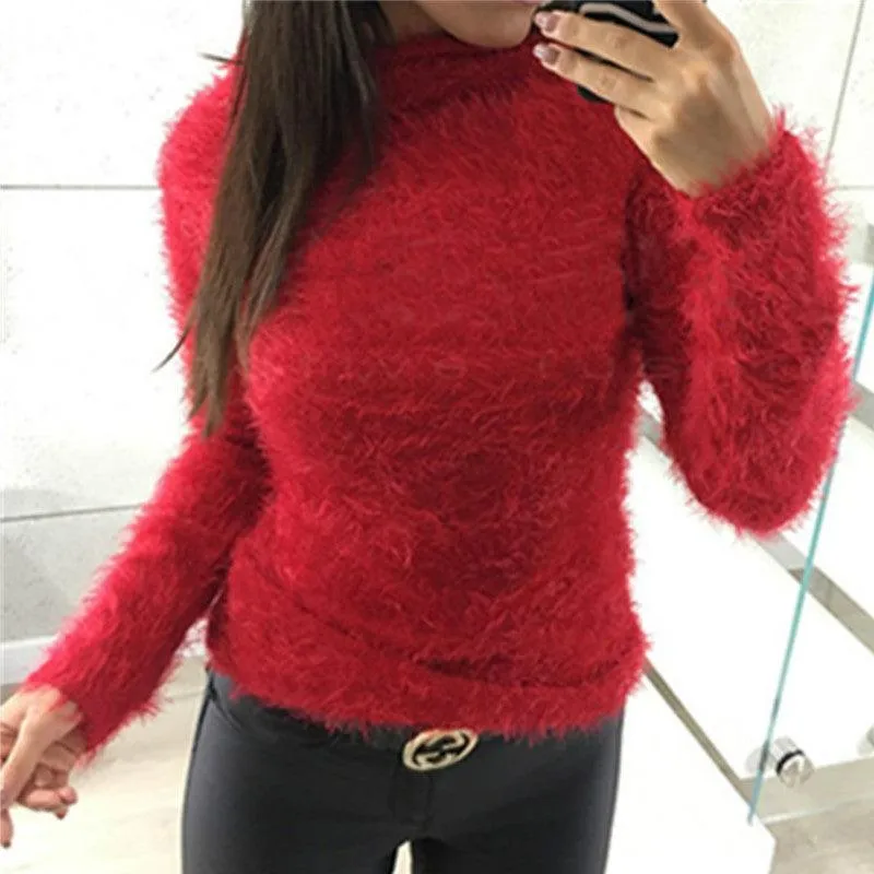 HIGH COLLAR FUZZY PULLOVER