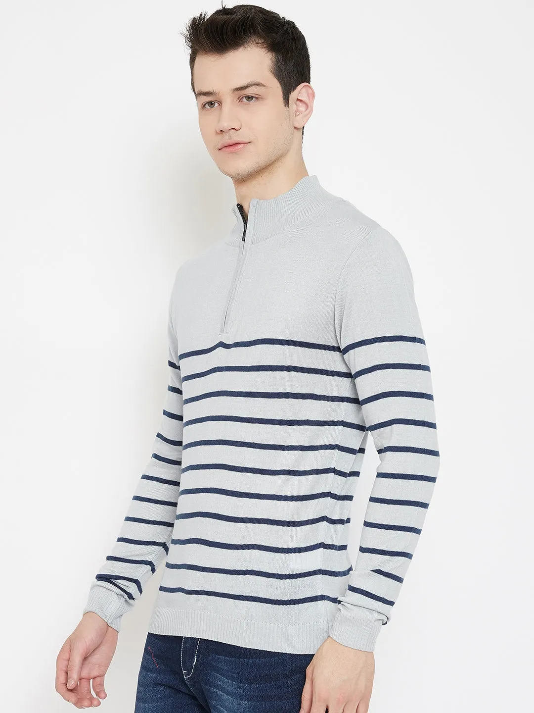 JUMP USA Men Grey Striped Mock Collar Casual Pullover