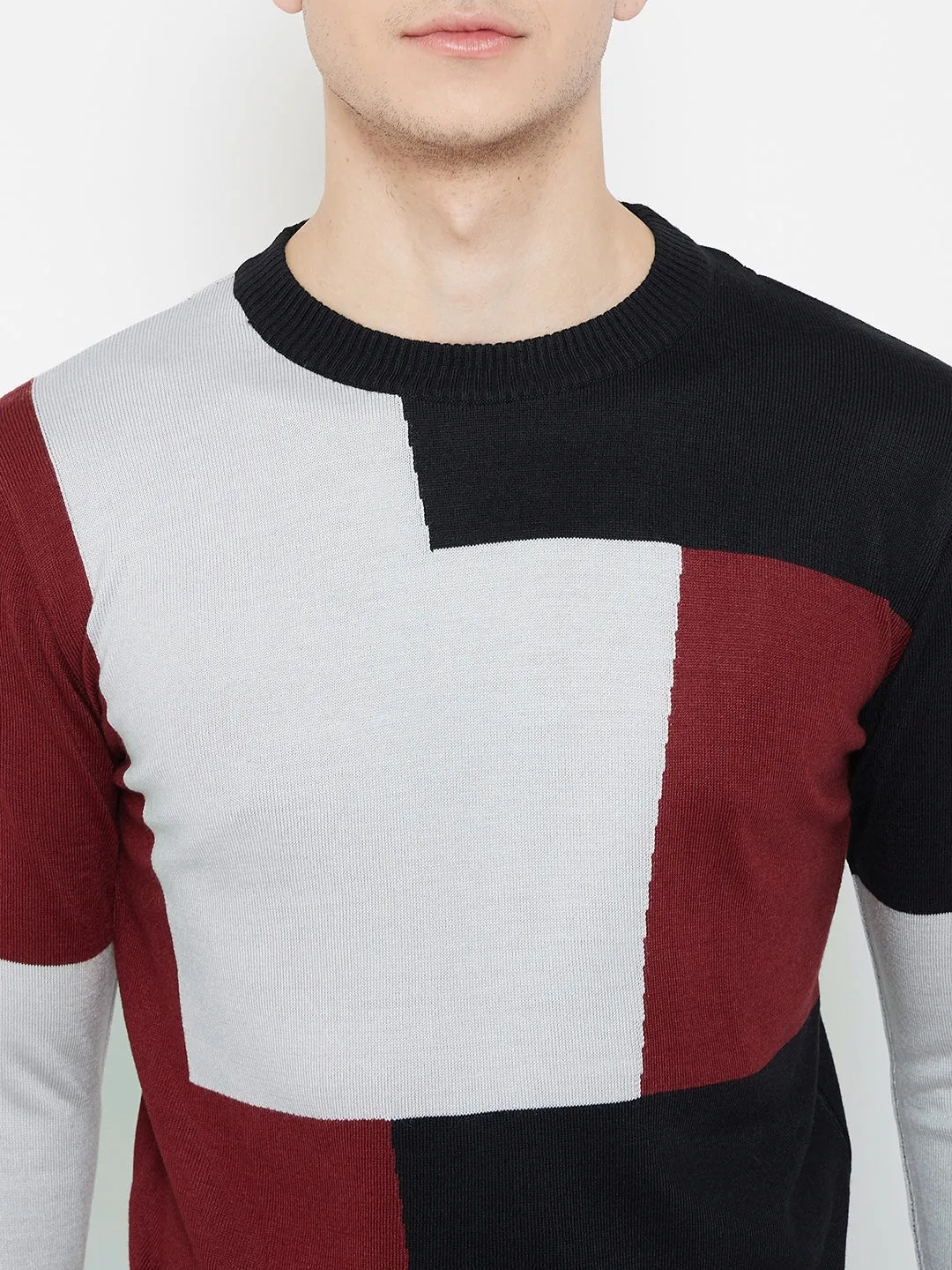 JUMP USA Men Red Colourblocked Round Neck Casual Pullover