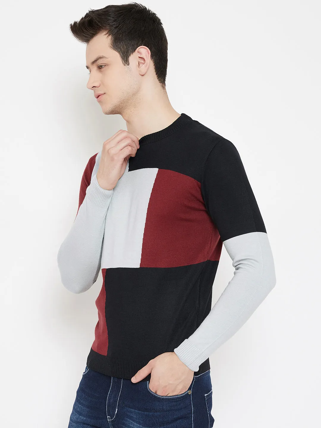 JUMP USA Men Red Colourblocked Round Neck Casual Pullover