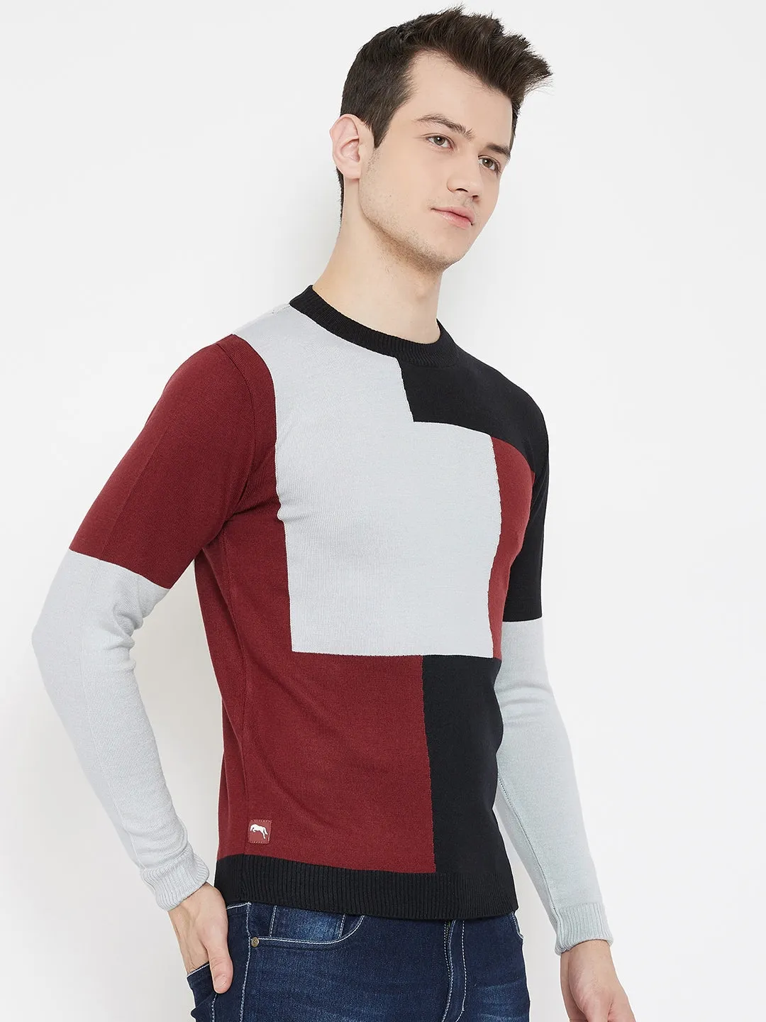 JUMP USA Men Red Colourblocked Round Neck Casual Pullover