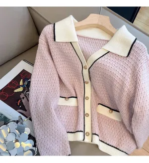 knitted cardigan for women POLO collar sweater jacket     S4848