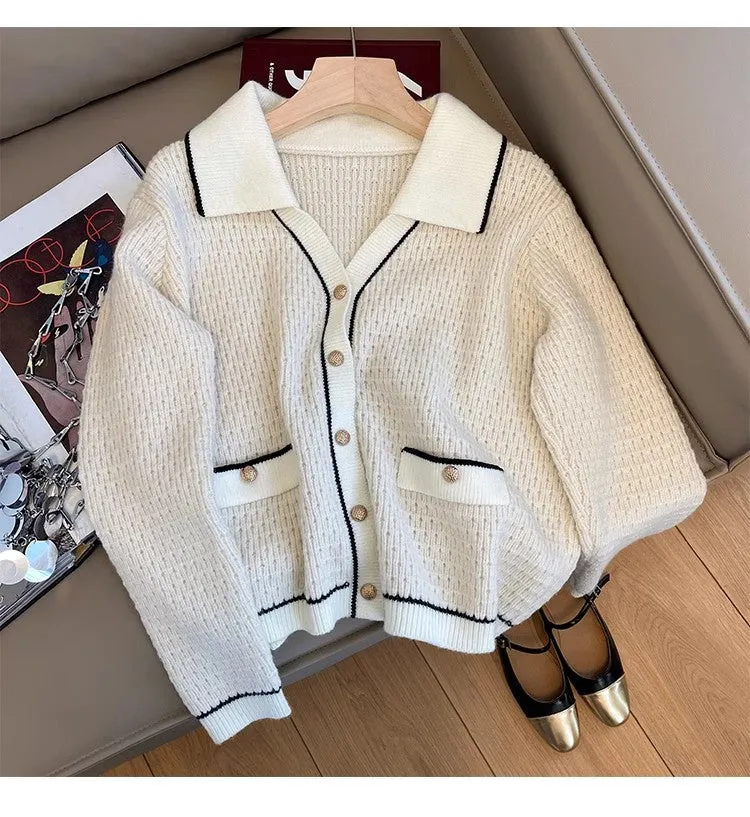 knitted cardigan for women POLO collar sweater jacket     S4848