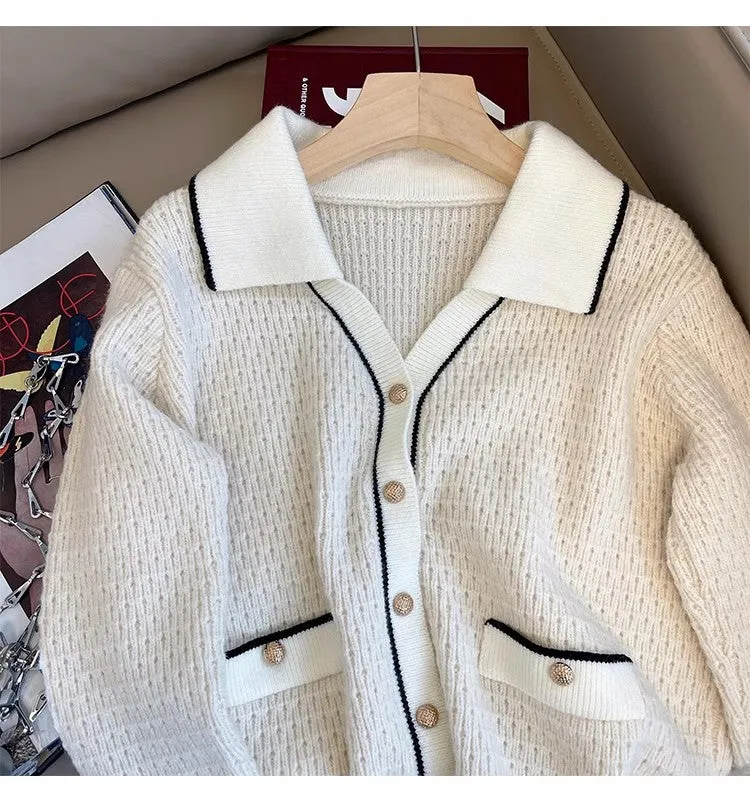 knitted cardigan for women POLO collar sweater jacket     S4848