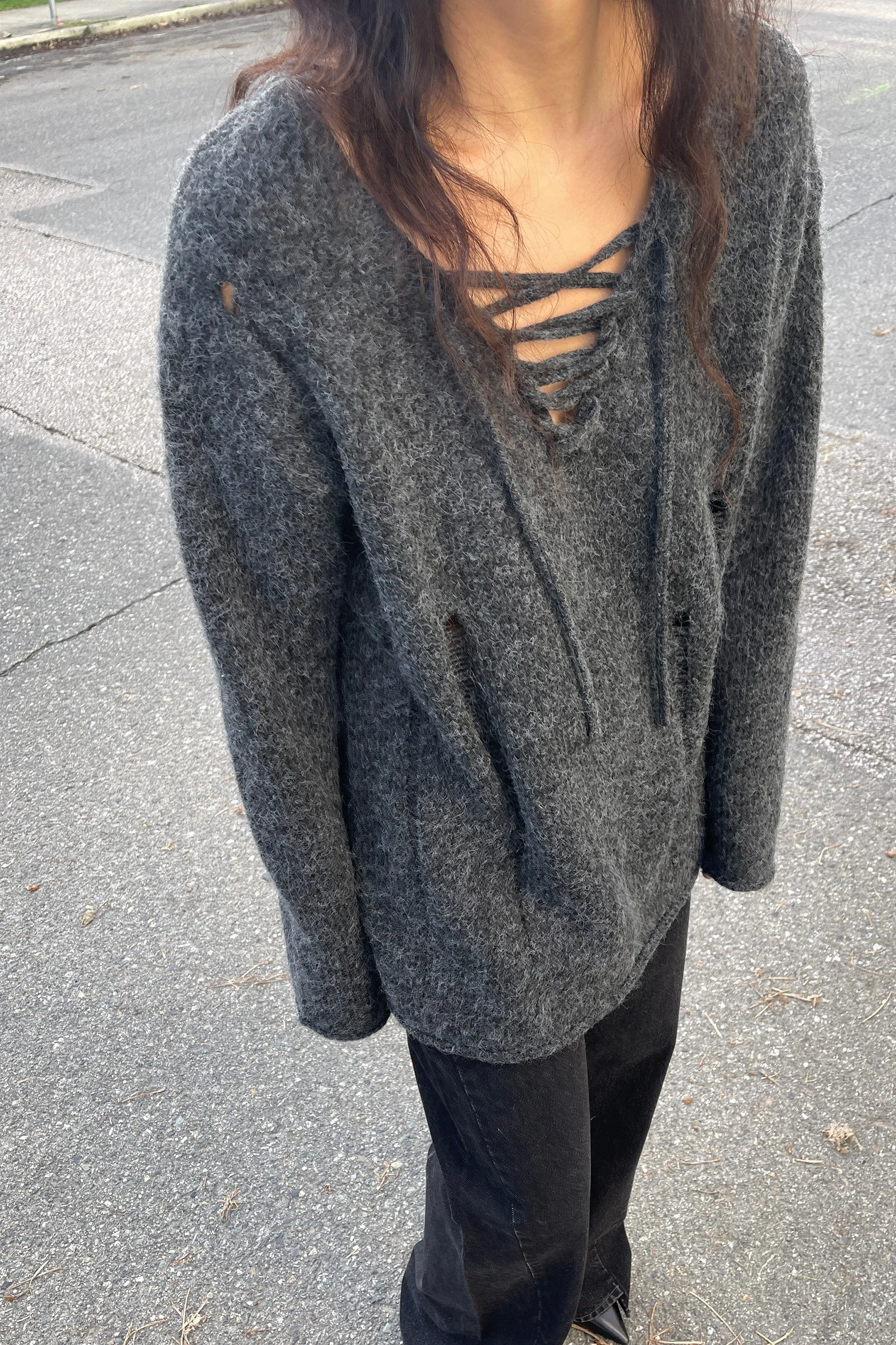 LACE-UP DISTRESSED SWEATER