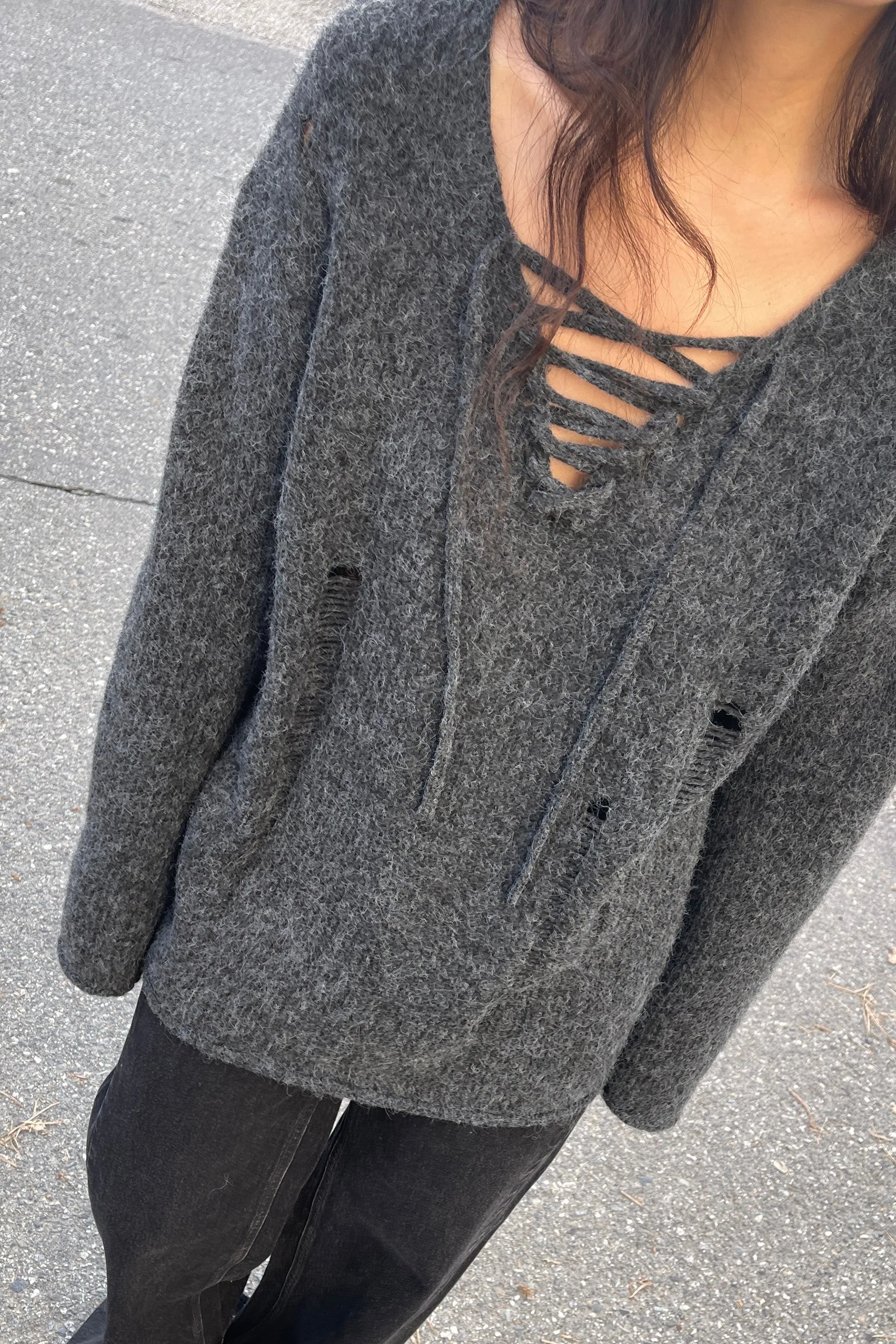 LACE-UP DISTRESSED SWEATER