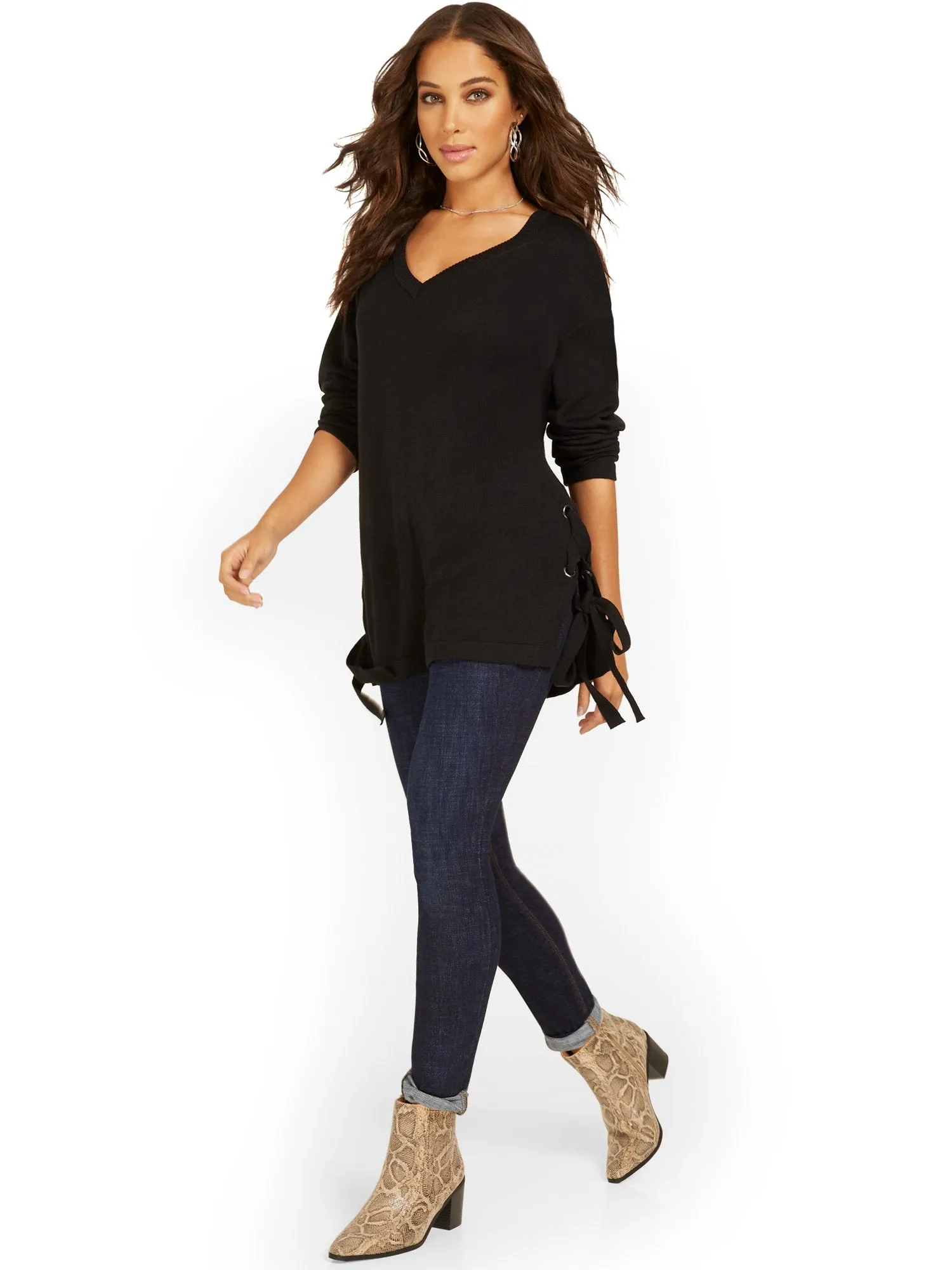 Lace-Up Side Tunic Sweater