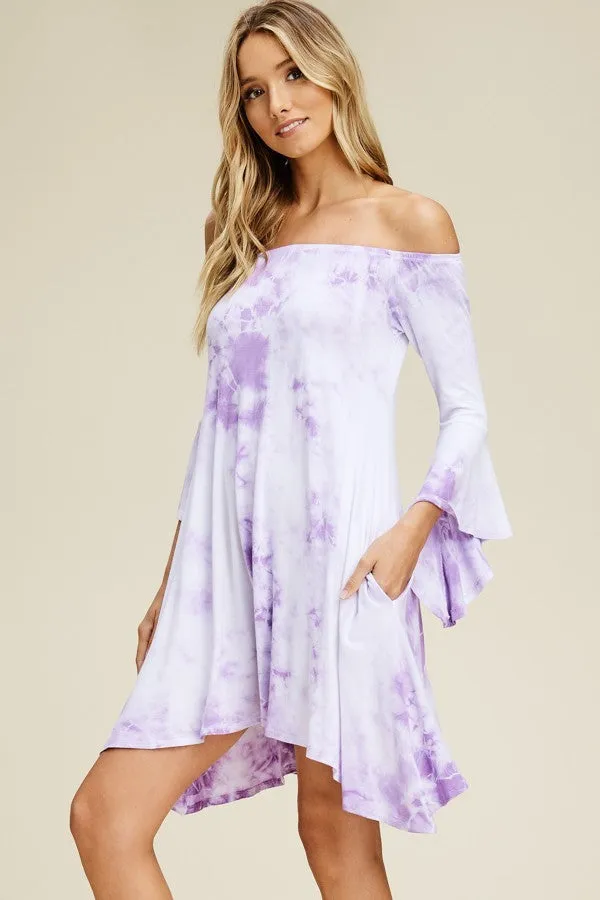 Lavender Off Shoulder Tie Dye Dress With Bell Sleeve And Pockets