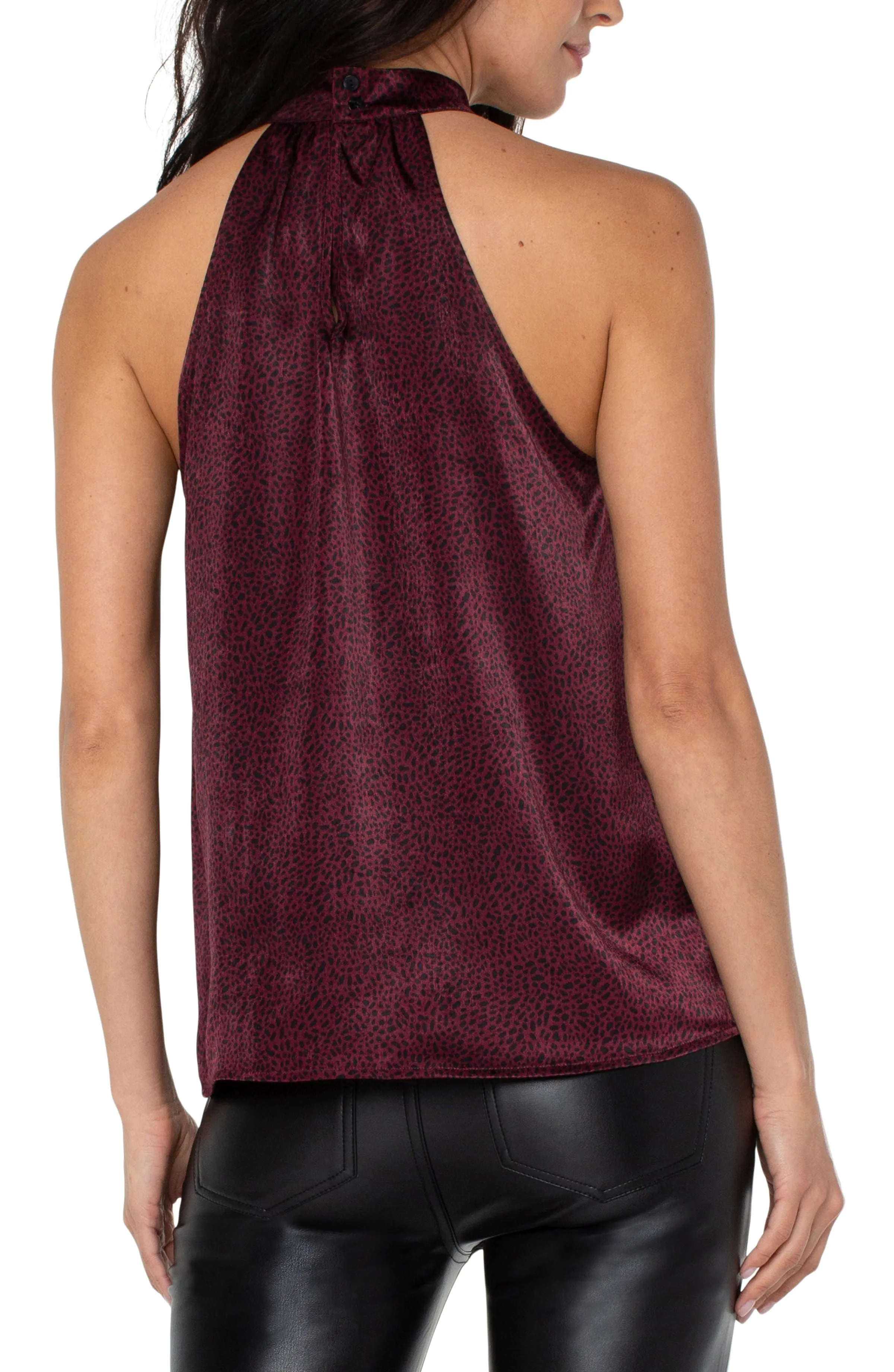 Liverpool Sleeveless Mock Neck Halter Top (Maroon Leopard Print)