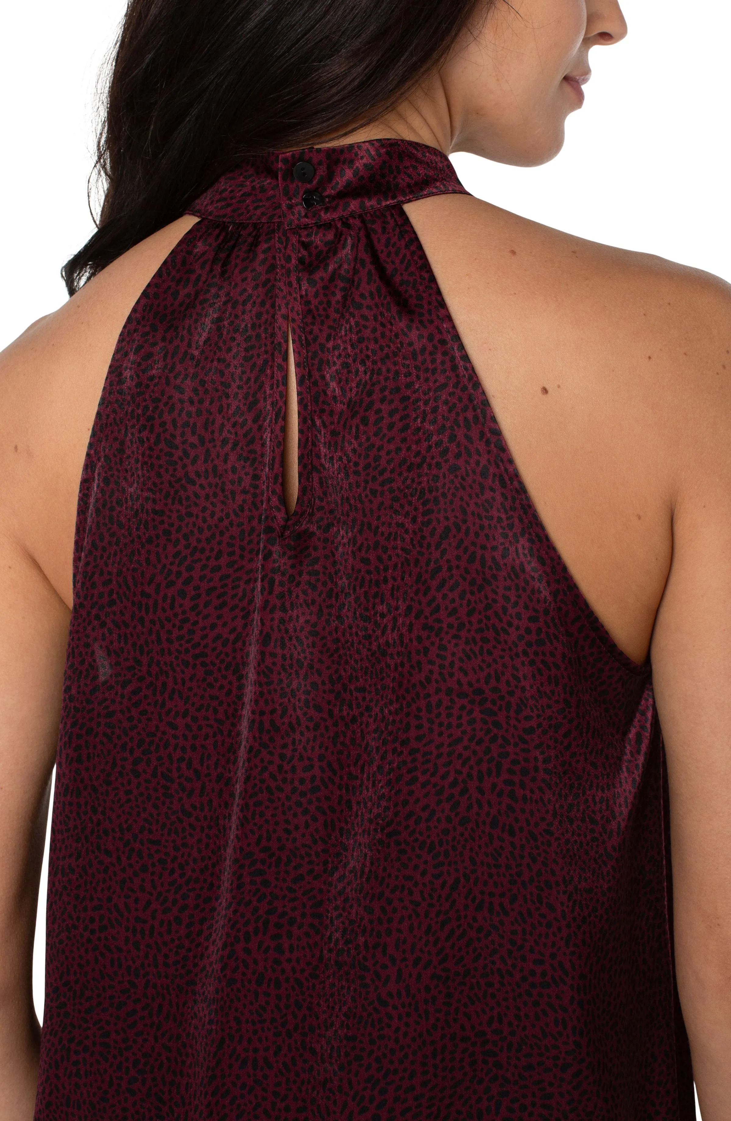 Liverpool Sleeveless Mock Neck Halter Top (Maroon Leopard Print)