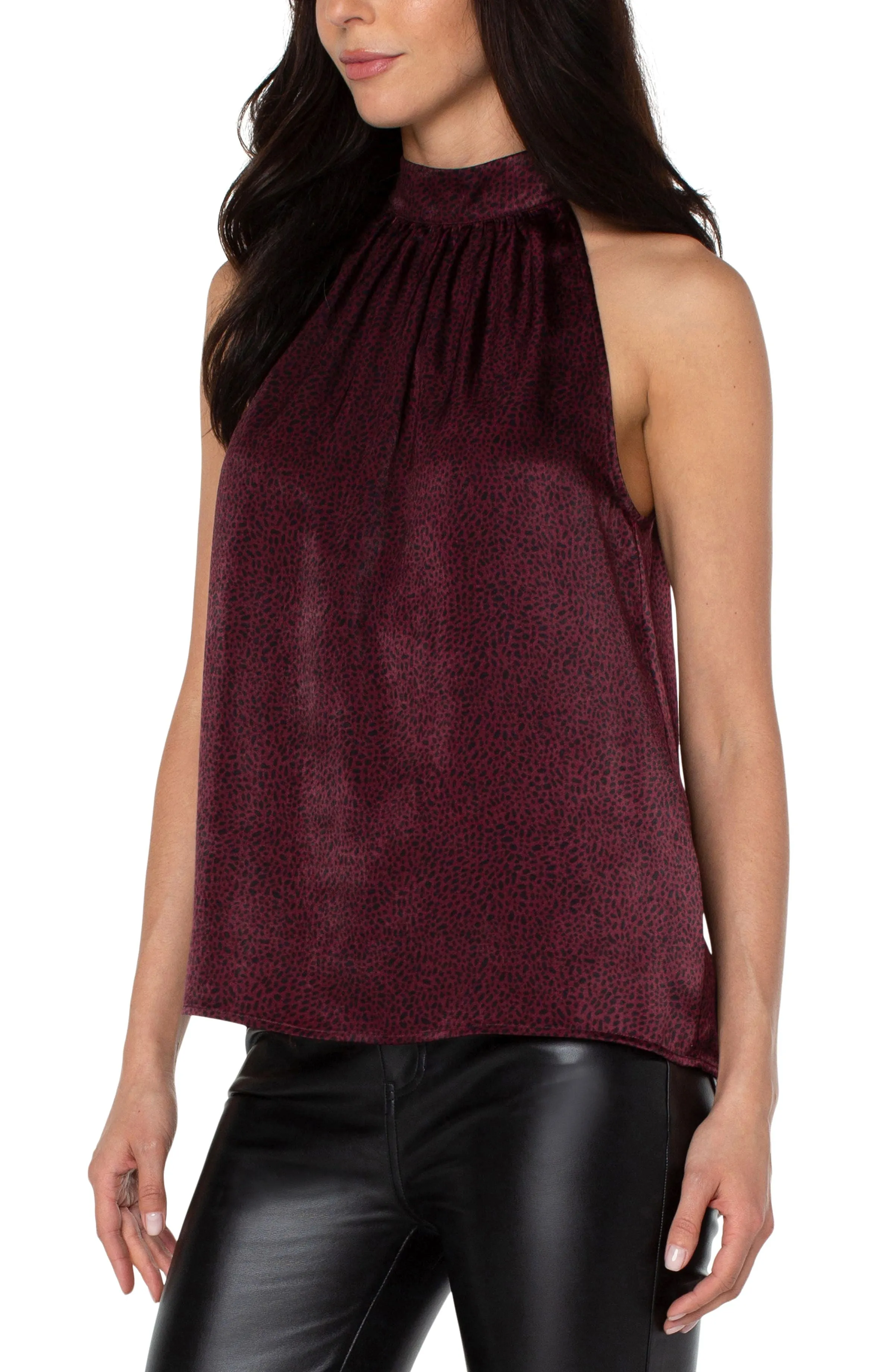 Liverpool Sleeveless Mock Neck Halter Top (Maroon Leopard Print)