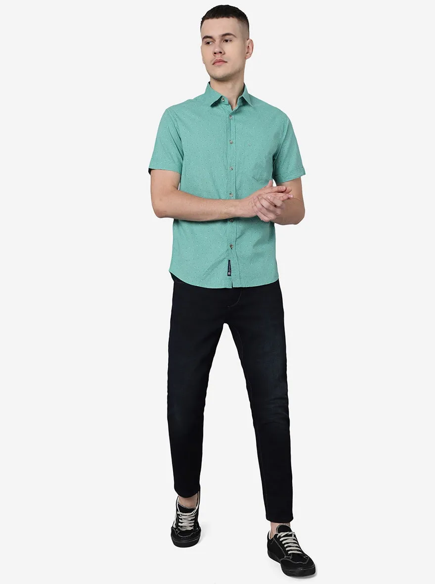 Marine Green Printed Slim Fit Casual Shirt | Greenfibre