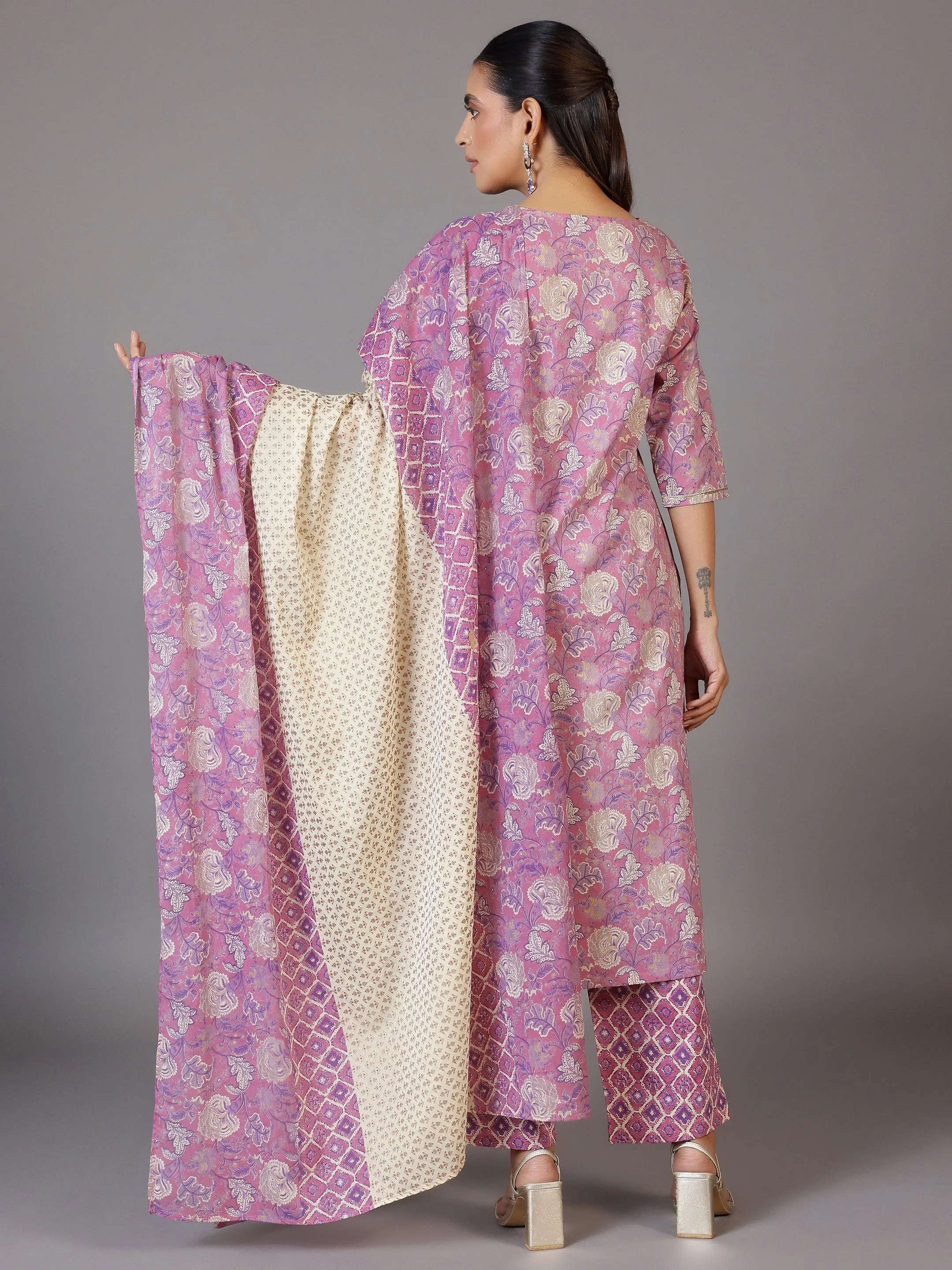 Mauve Printed Cotton Straight Suit With Dupatta