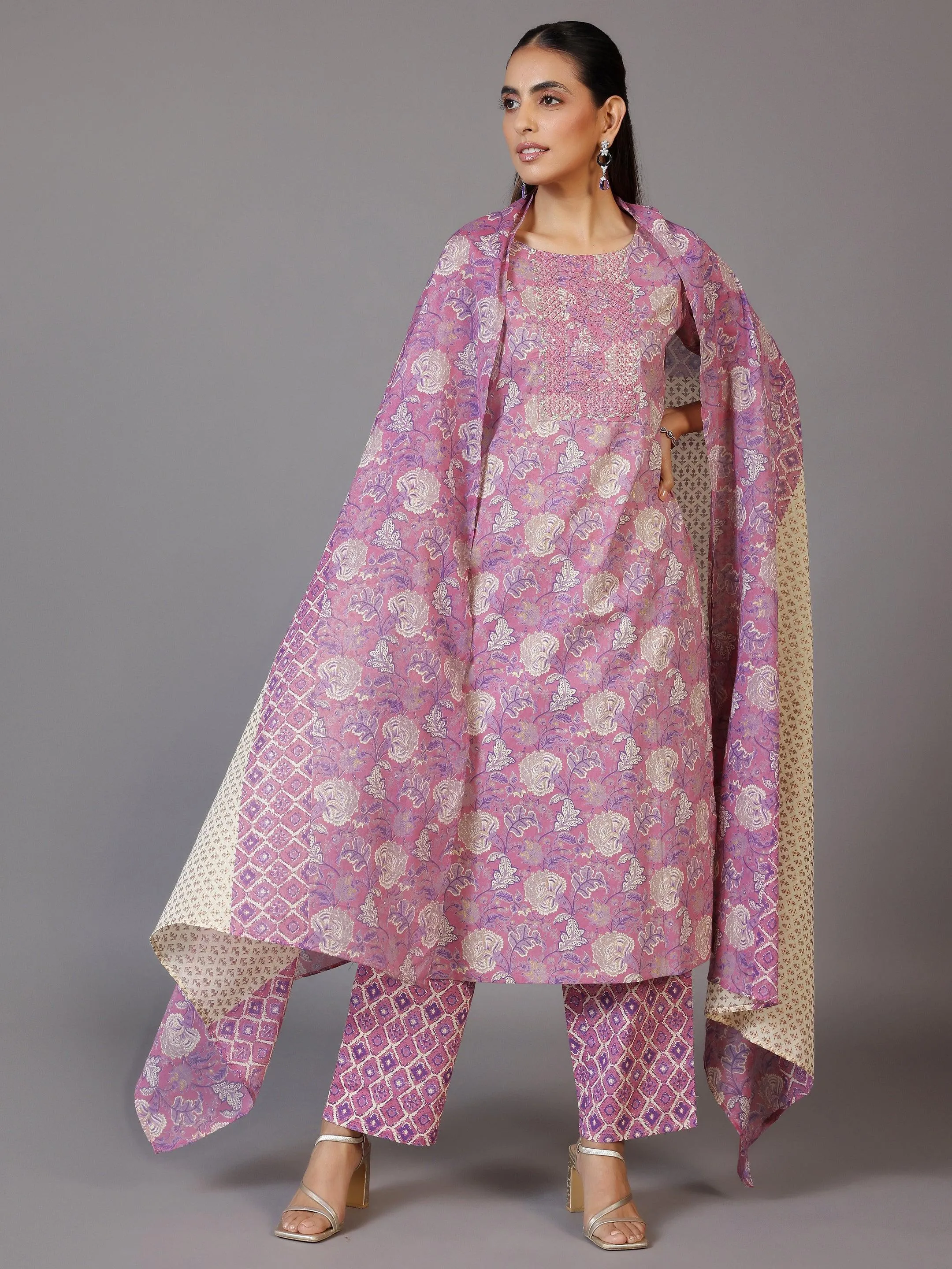 Mauve Printed Cotton Straight Suit With Dupatta