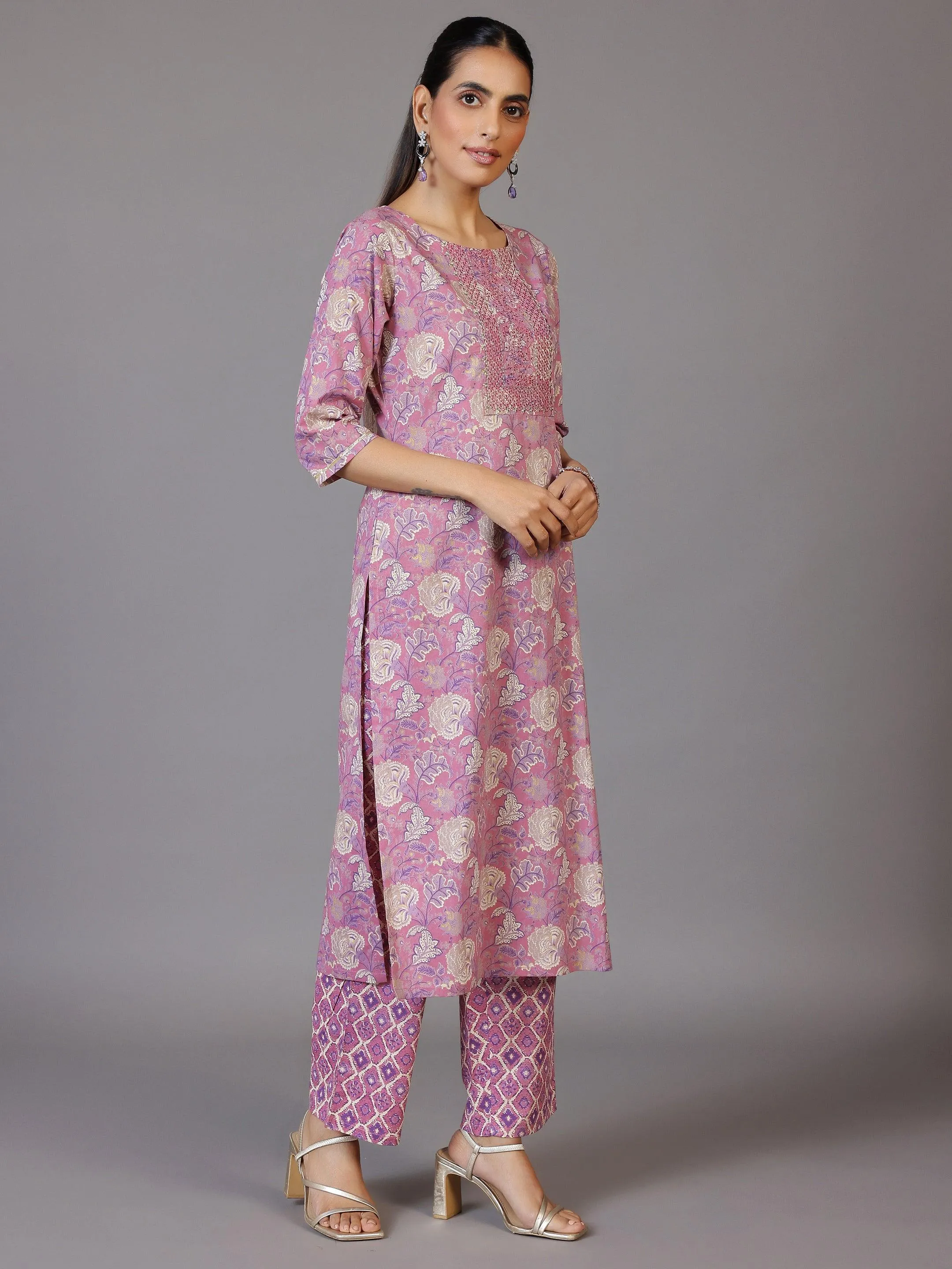 Mauve Printed Cotton Straight Suit With Dupatta