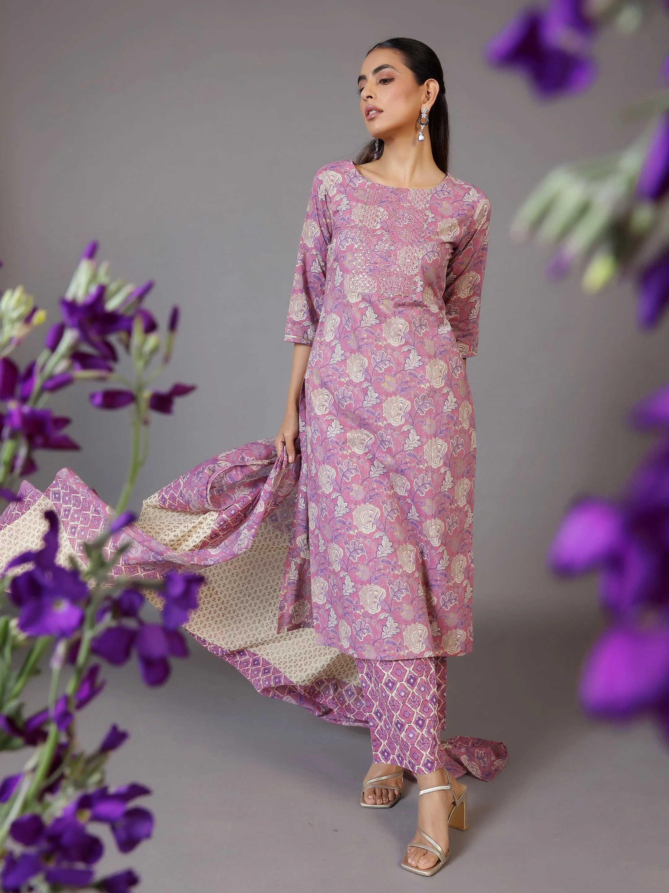 Mauve Printed Cotton Straight Suit With Dupatta