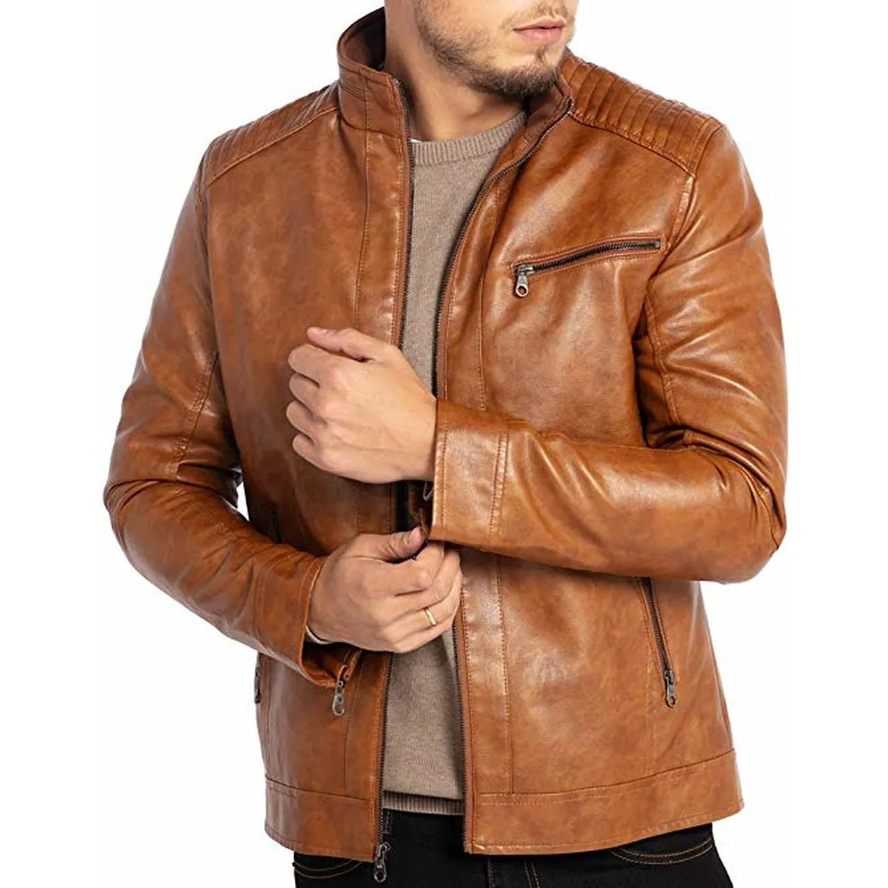 Men Stand Collar Leather Motorcycle Jacket Brown