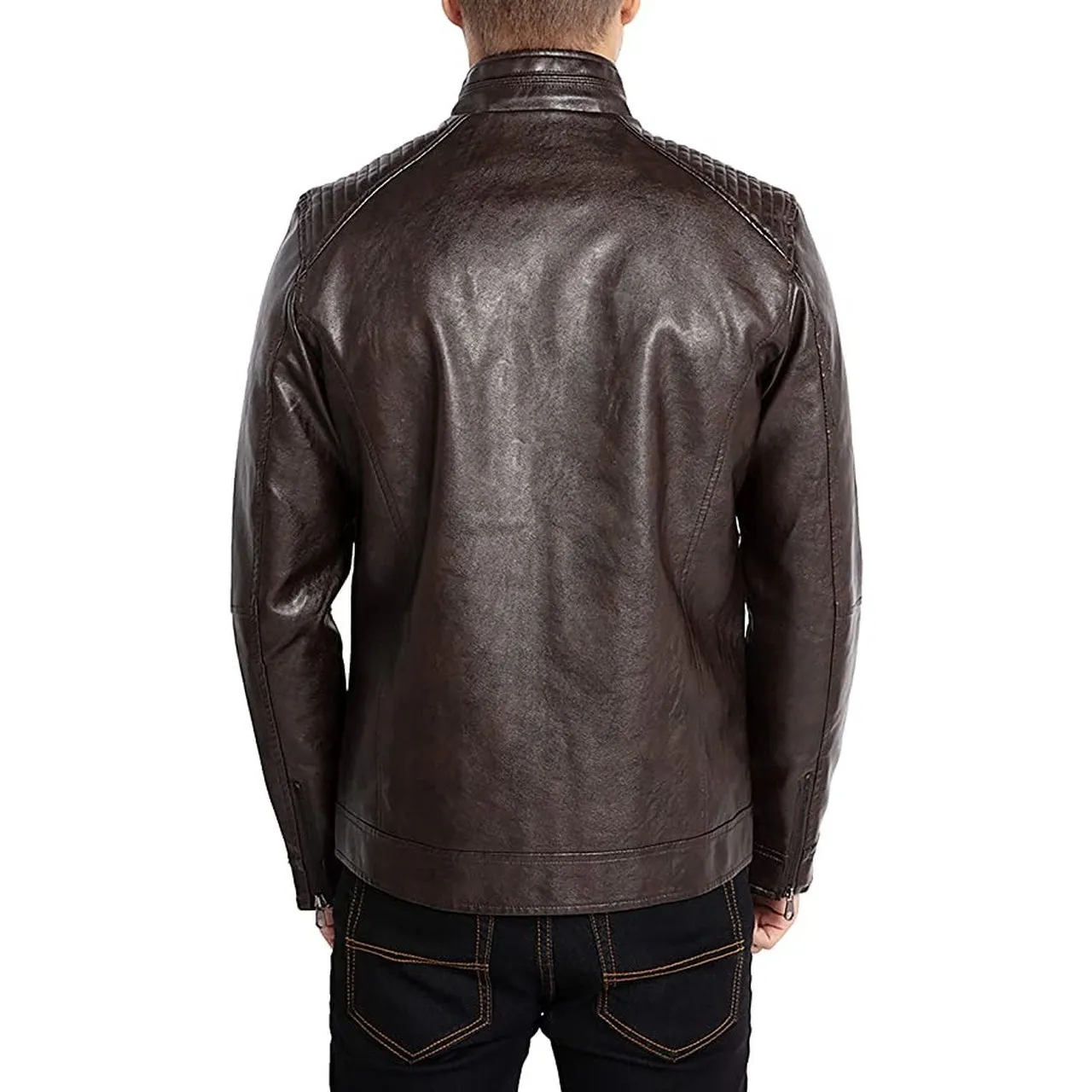 Men Stand Collar Lining Leather Jacket Motorcycle Coffee