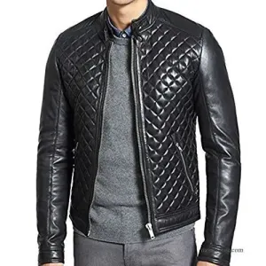 Men’s Black Slim fit Biker Vintage Motorcycle Quilted Genuine Leather Jacket