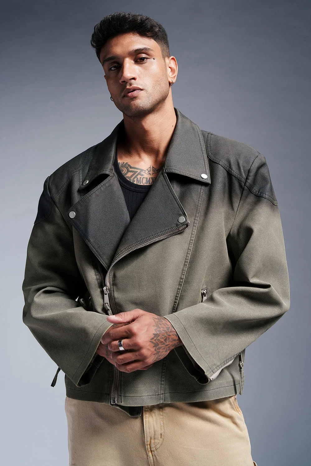 Midnight Sage Men's Oversized Biker Jacket