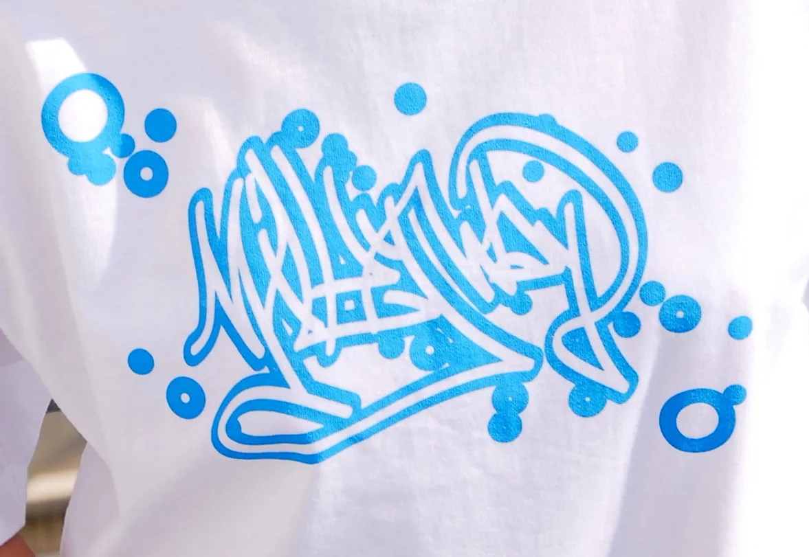 Milky Way Graffitti in cool light blue on cotton T shirt