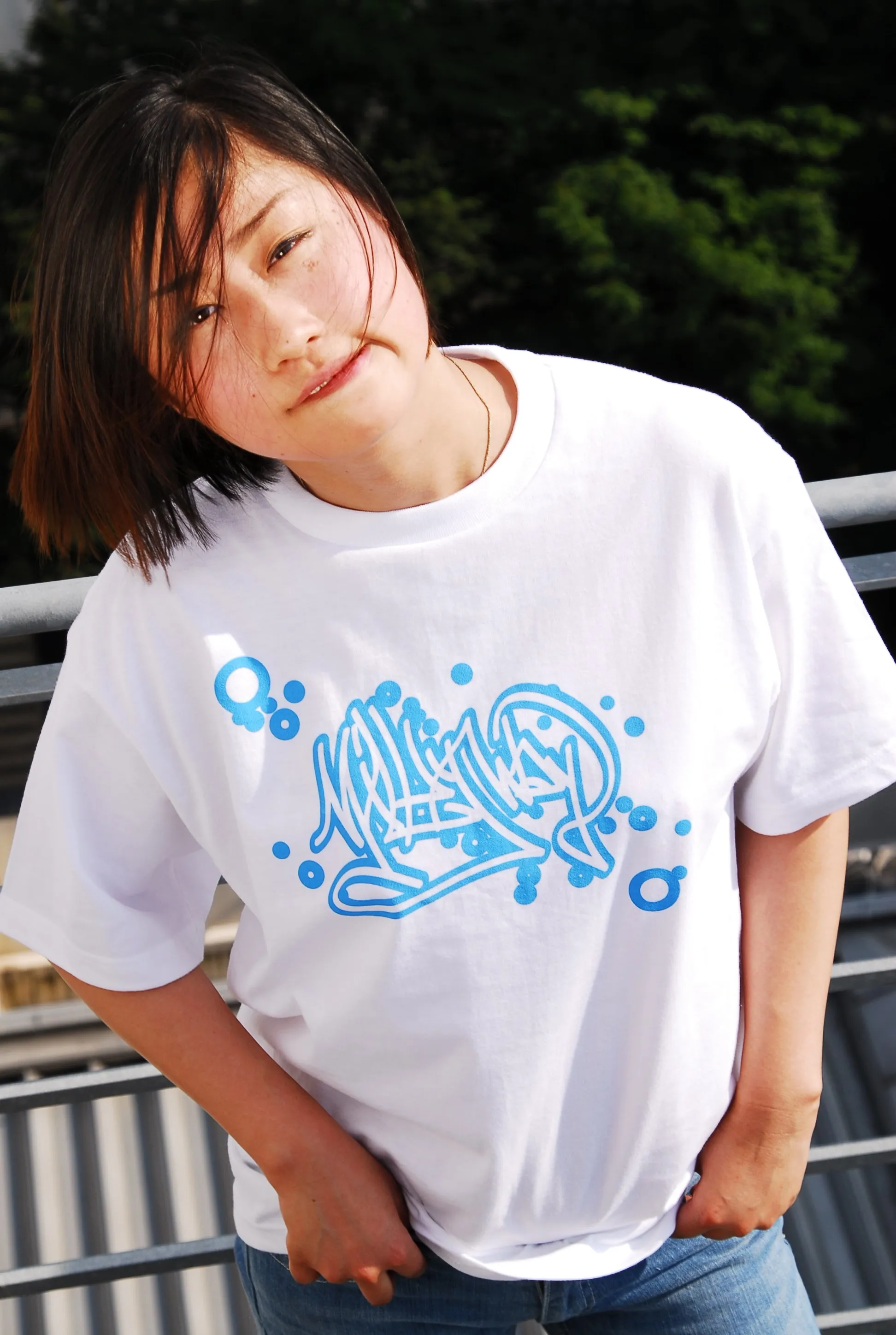 Milky Way Graffitti in cool light blue on cotton T shirt