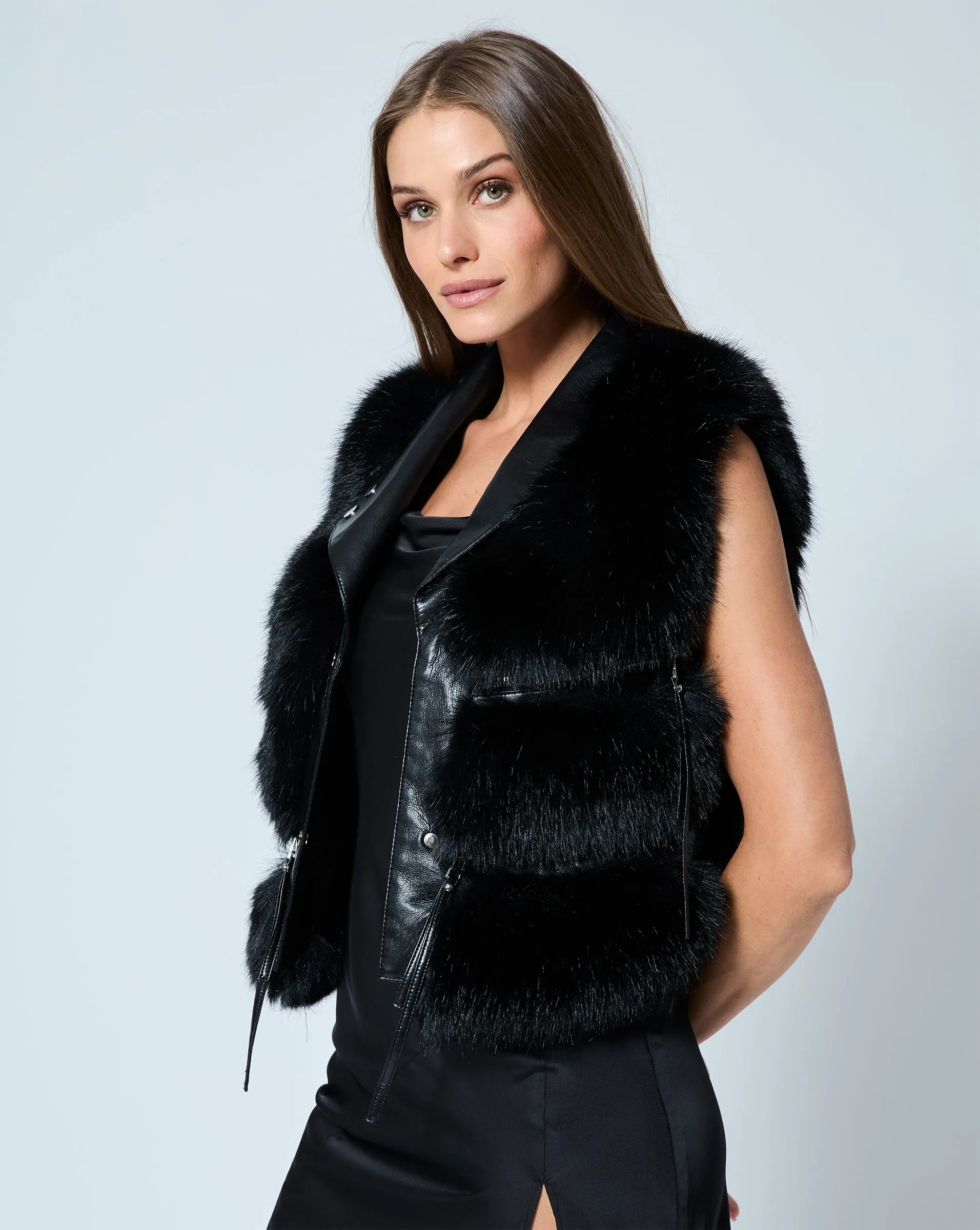 Moto Faux Leather & Fox Faux Fur Vest