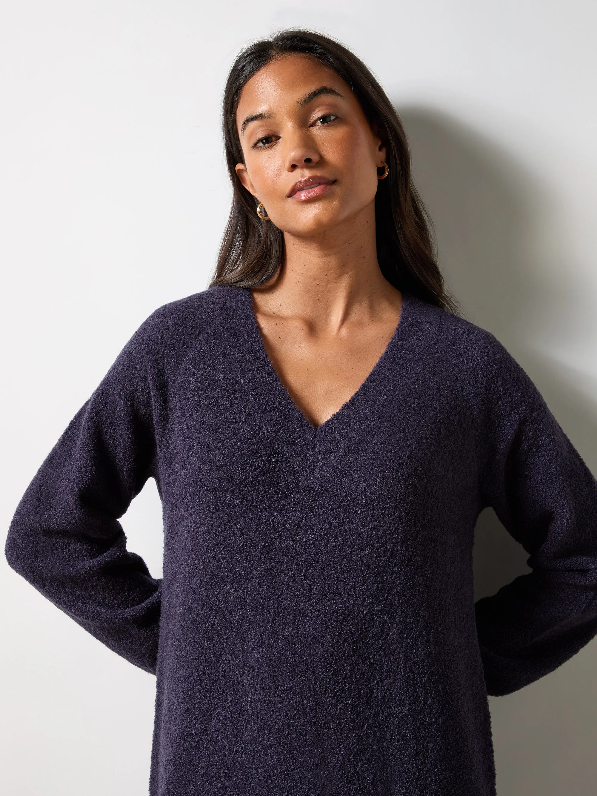 Navy V-Neck Textured Knit Dress