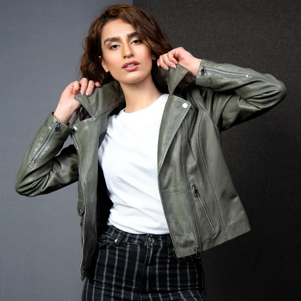 Olive Perfecto Leather Jacket - Olive | Kaptan