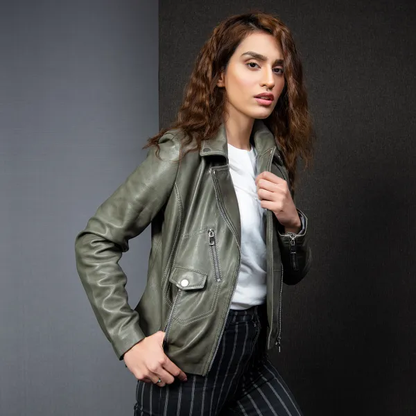 Olive Perfecto Leather Jacket - Olive | Kaptan