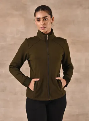 Olive Zip-front High-neck Regular Jacket with Pockets