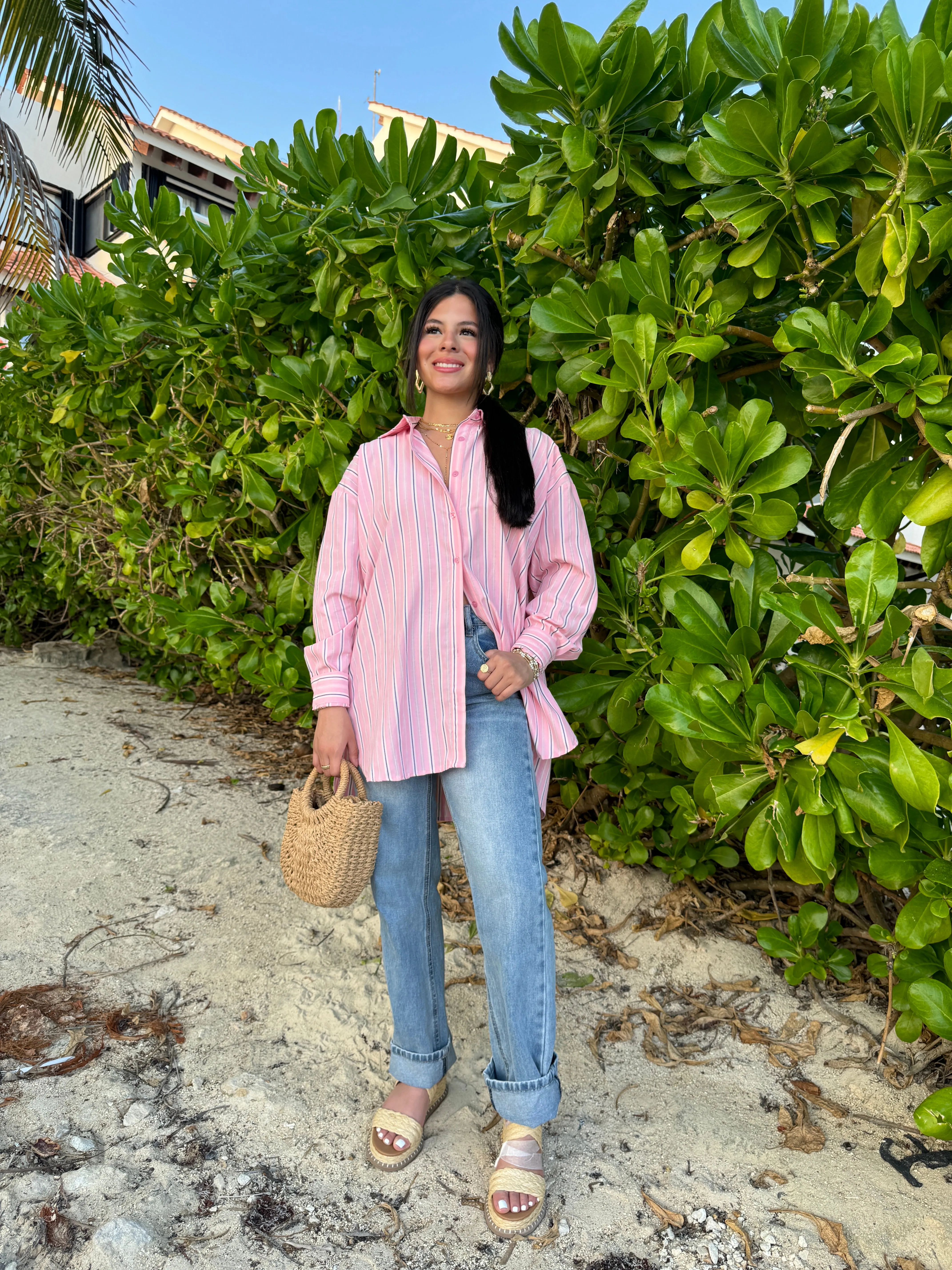 Pink Striped Button Up Top