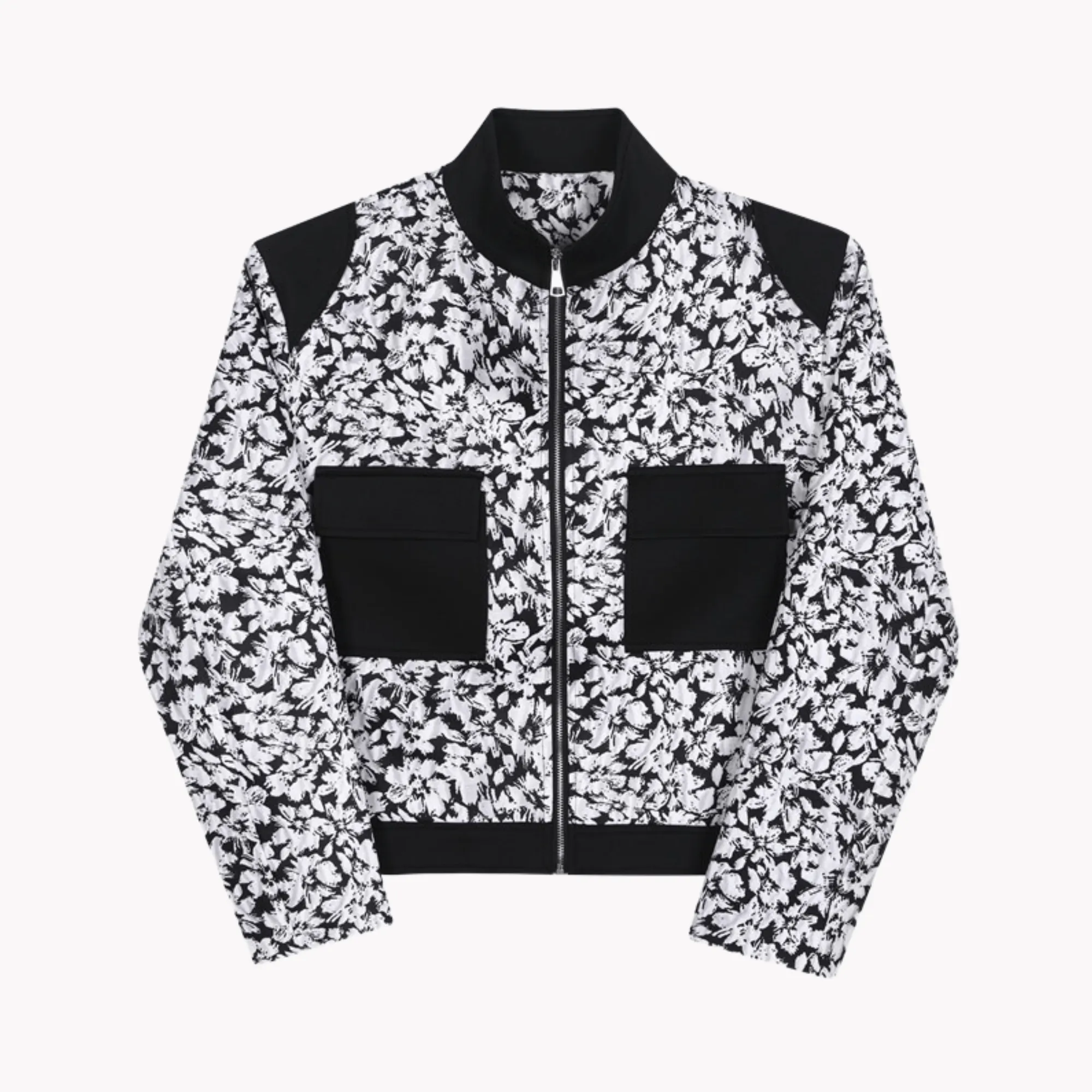 Pre Order:  Black and White Floral Zip-Up Jacket