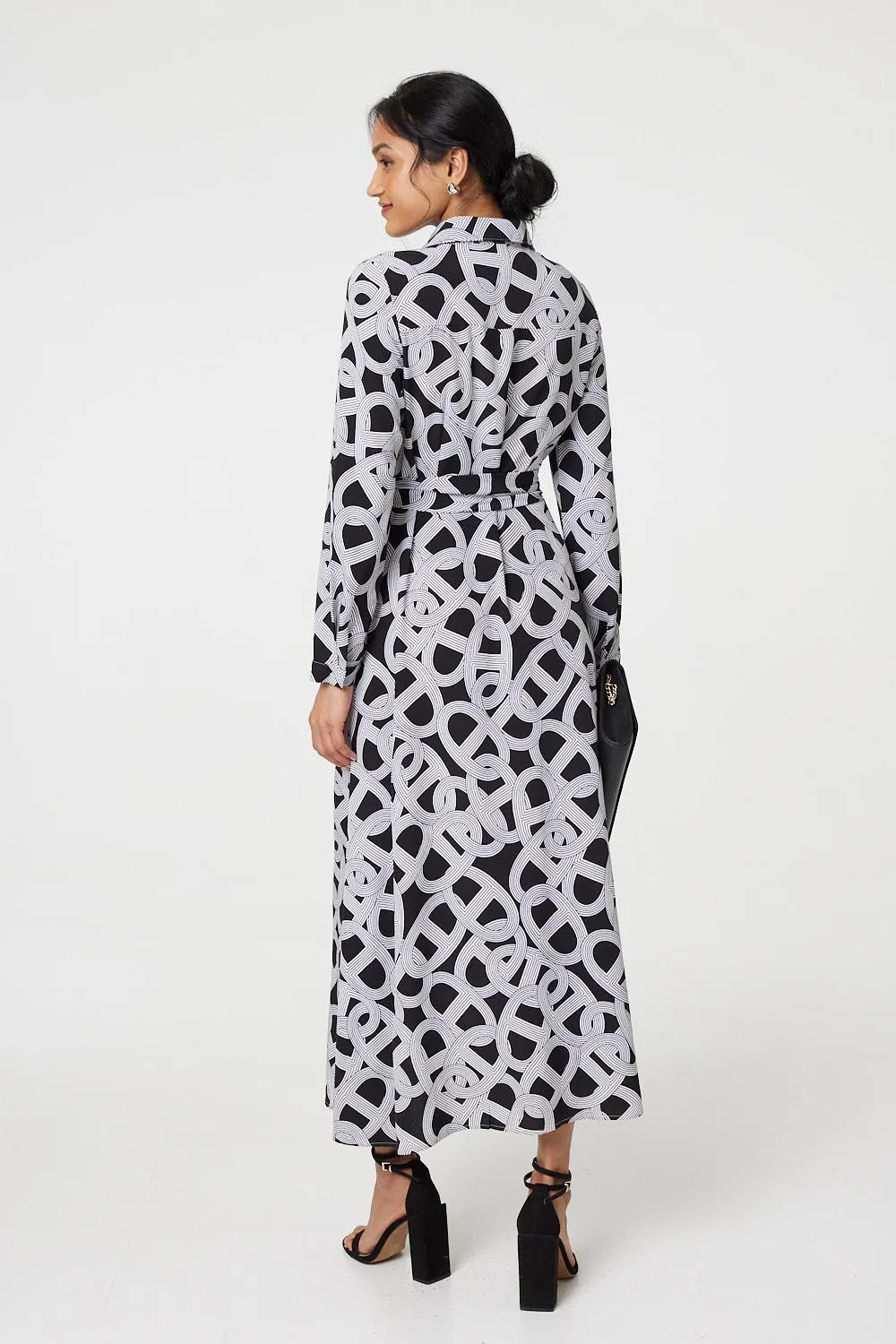 Printed Long Sleeve Shirt Maxi Dress