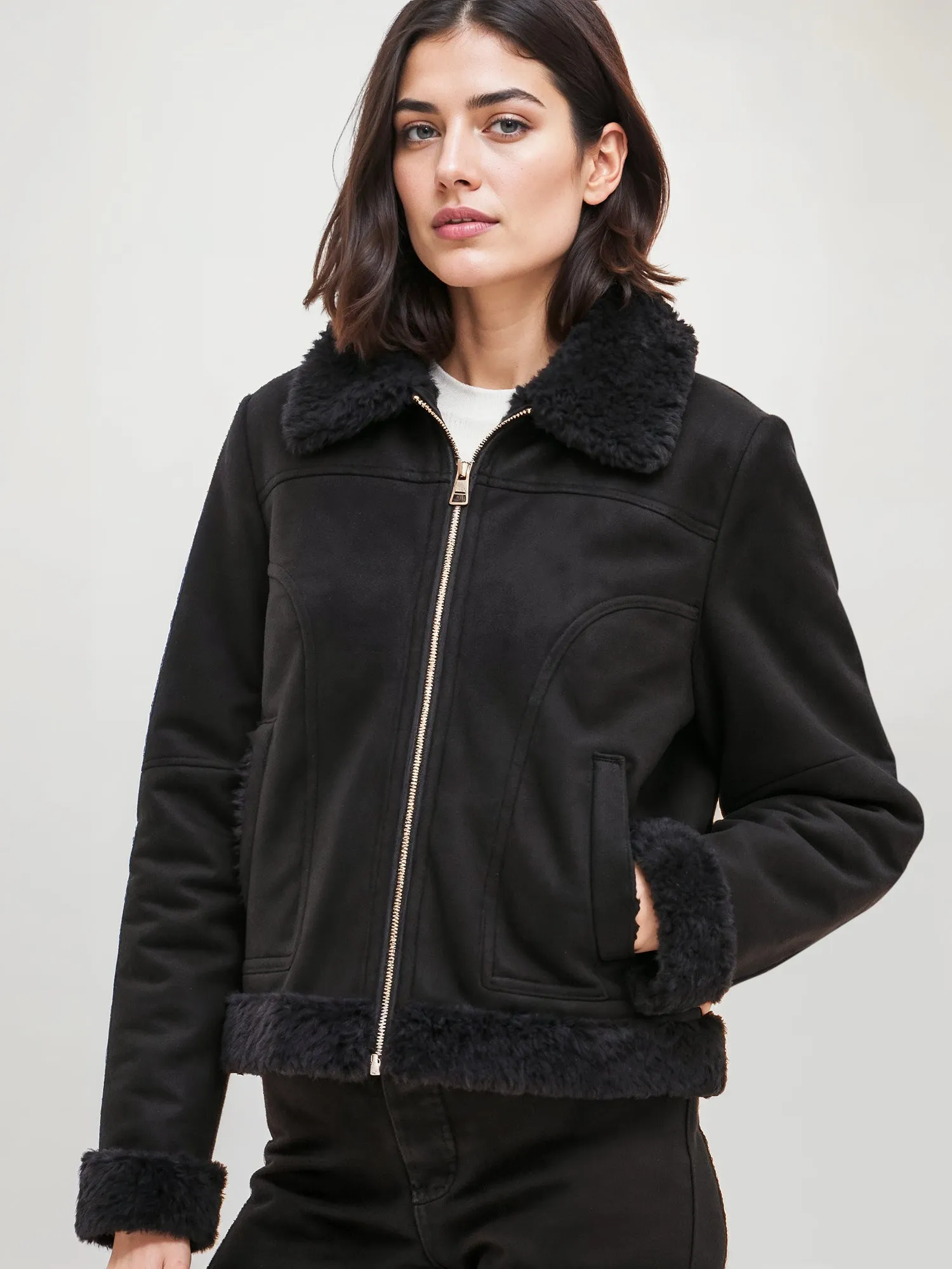 Sherpa Collar Suede Moto Jacket