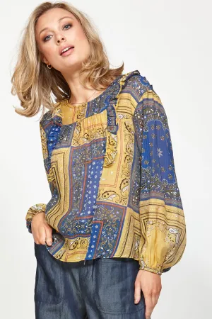 Stardate Balloon Sleeve Blue Patchwork Top