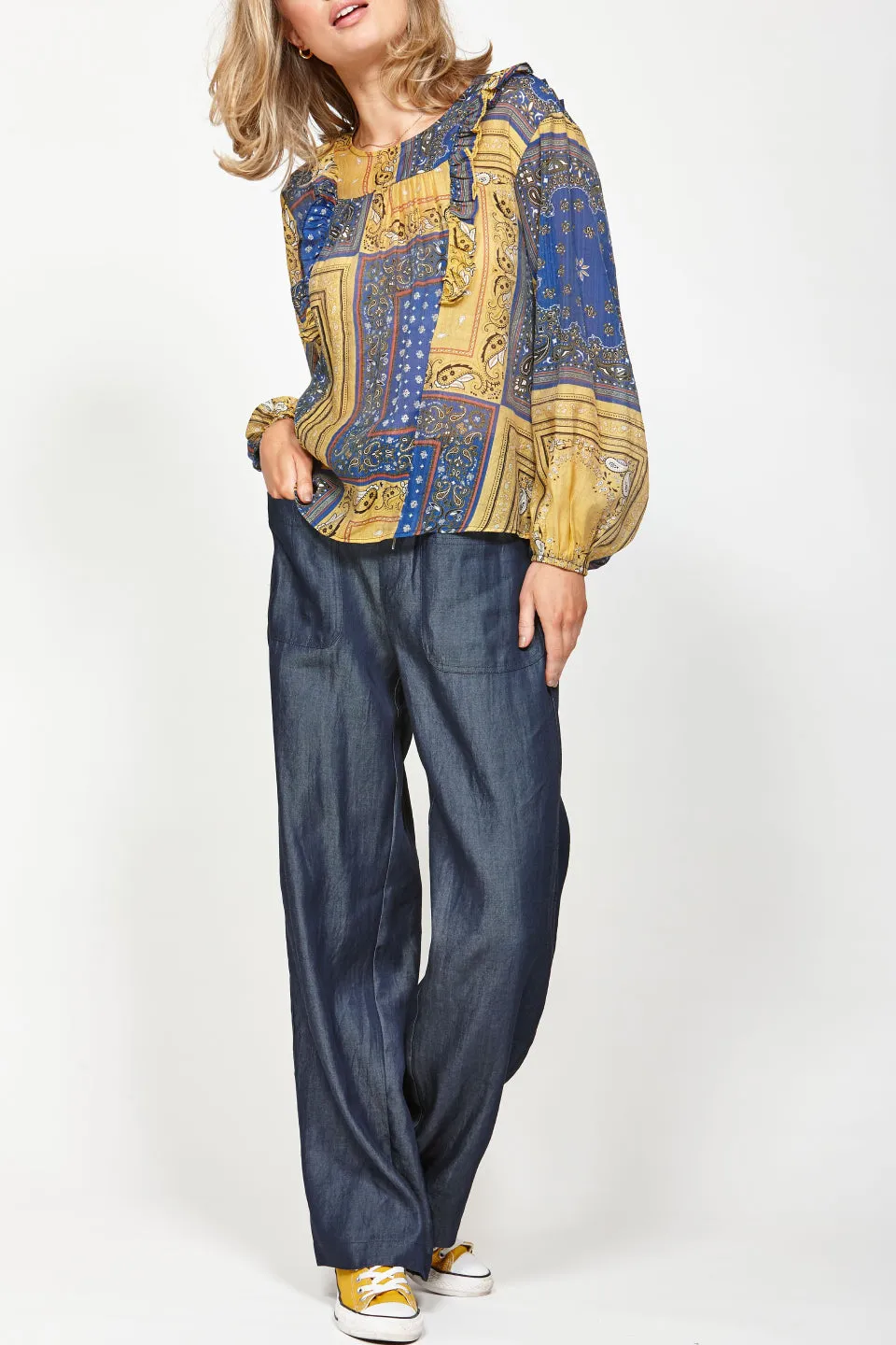 Stardate Balloon Sleeve Blue Patchwork Top