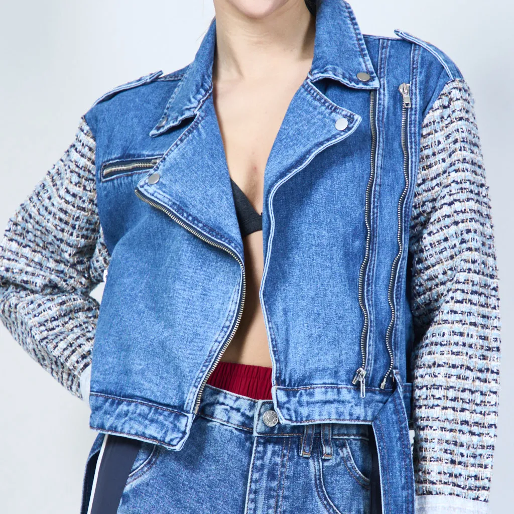 Tweed sleeve denim biker jacket wholesale