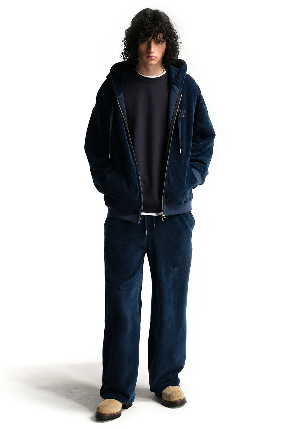 Velour corduroy hood zip-up blue