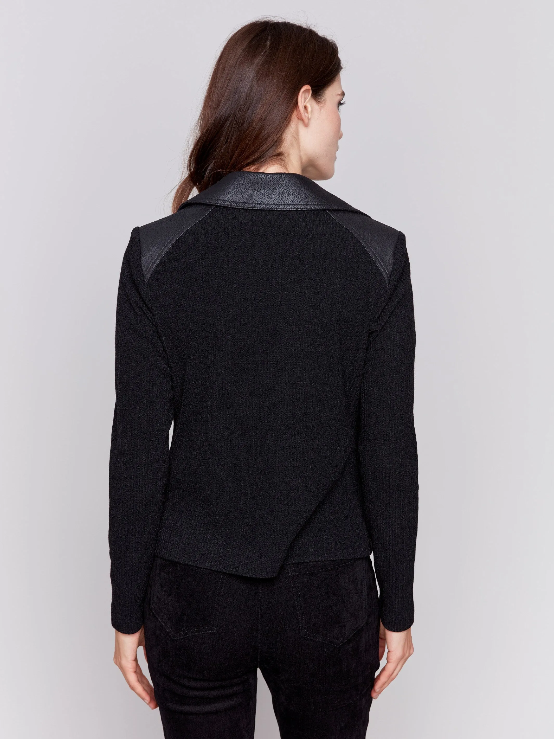 Vintage Faux Leather and Rib Knit Jacket - Black