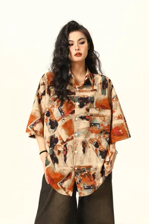 Vintage Oil Painting Loose Short Sleeve Shirt