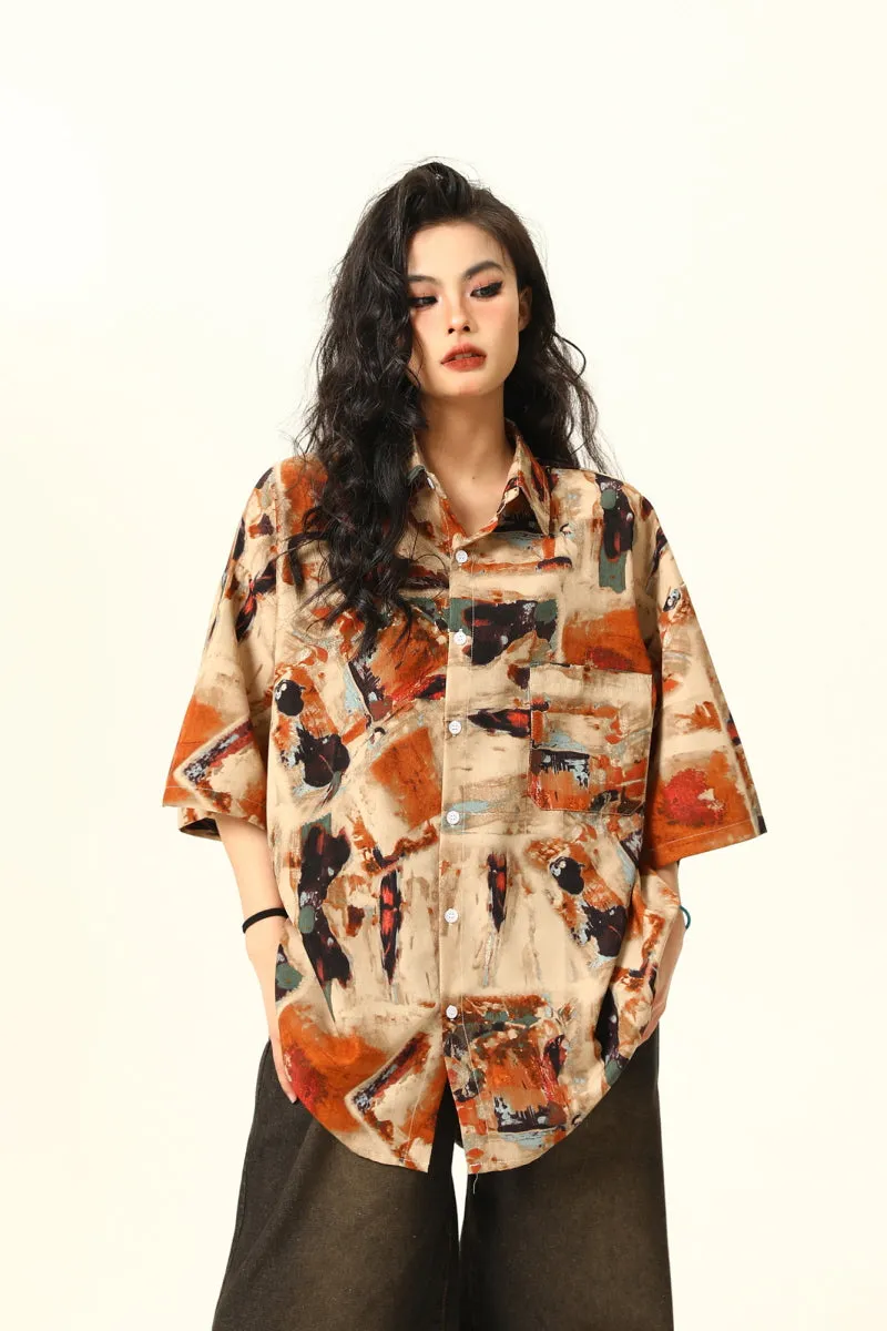 Vintage Oil Painting Loose Short Sleeve Shirt