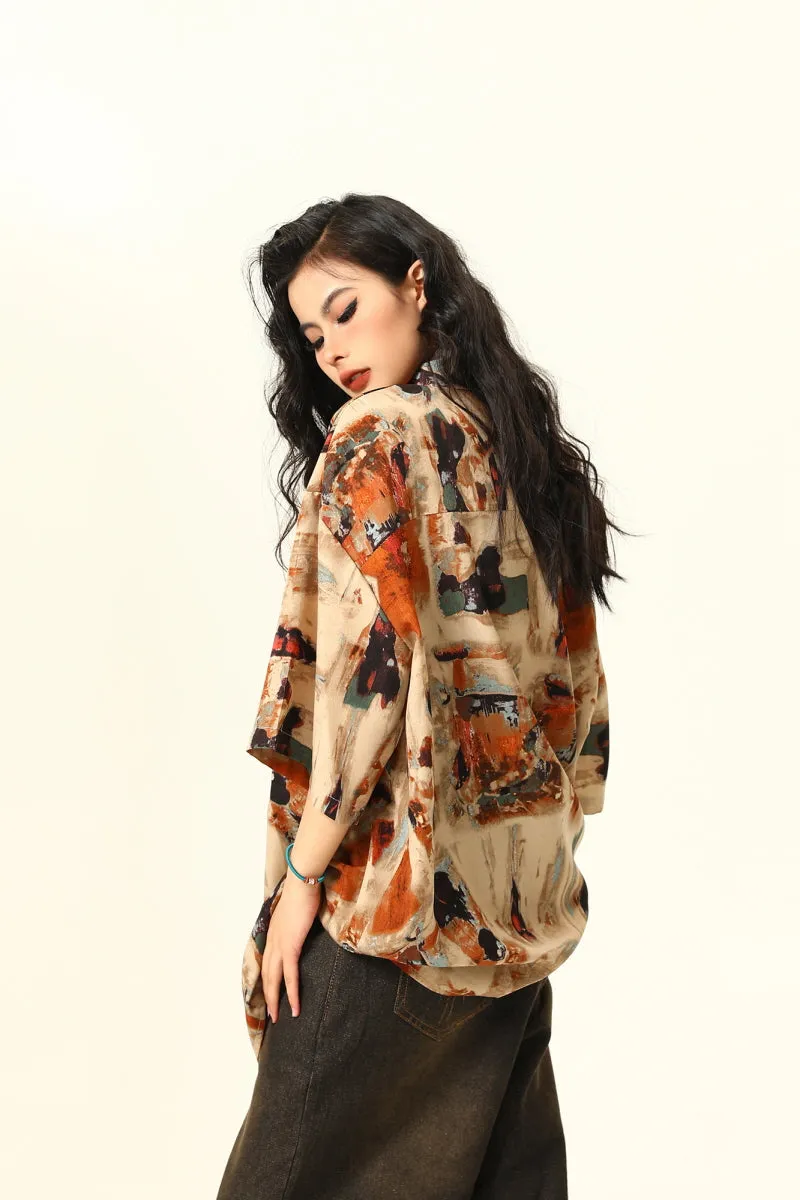 Vintage Oil Painting Loose Short Sleeve Shirt