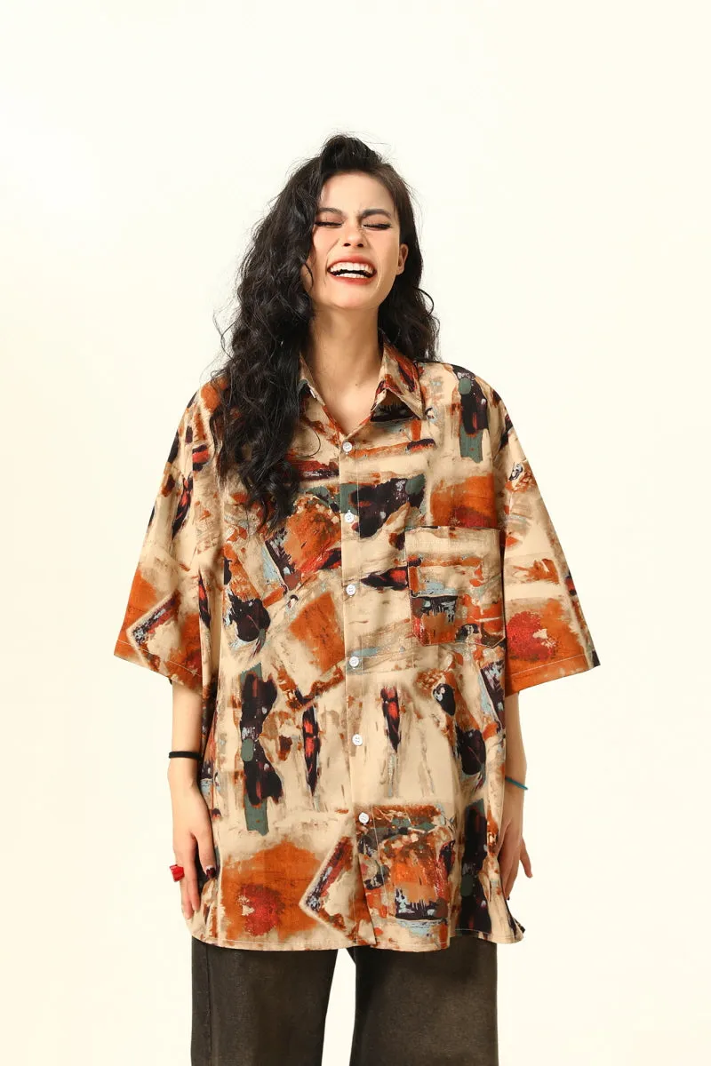 Vintage Oil Painting Loose Short Sleeve Shirt