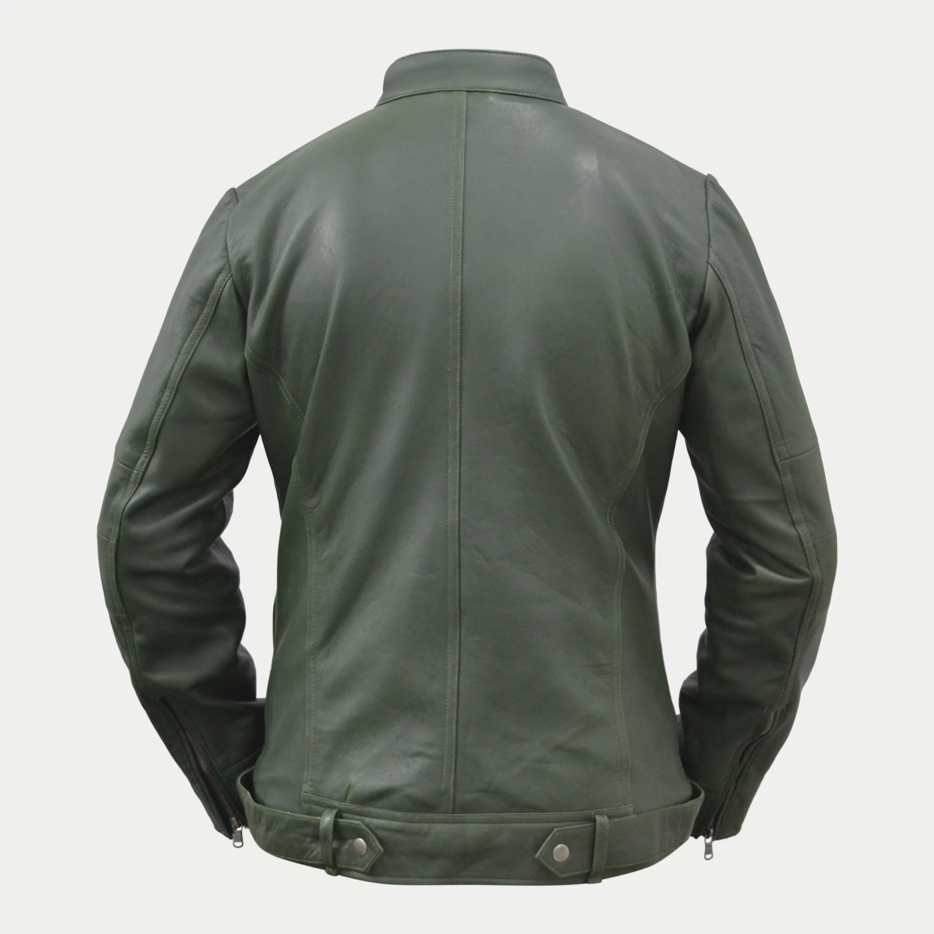 Women's Dark Green Genuine Lambskin Cafe Racer Leather Jacket