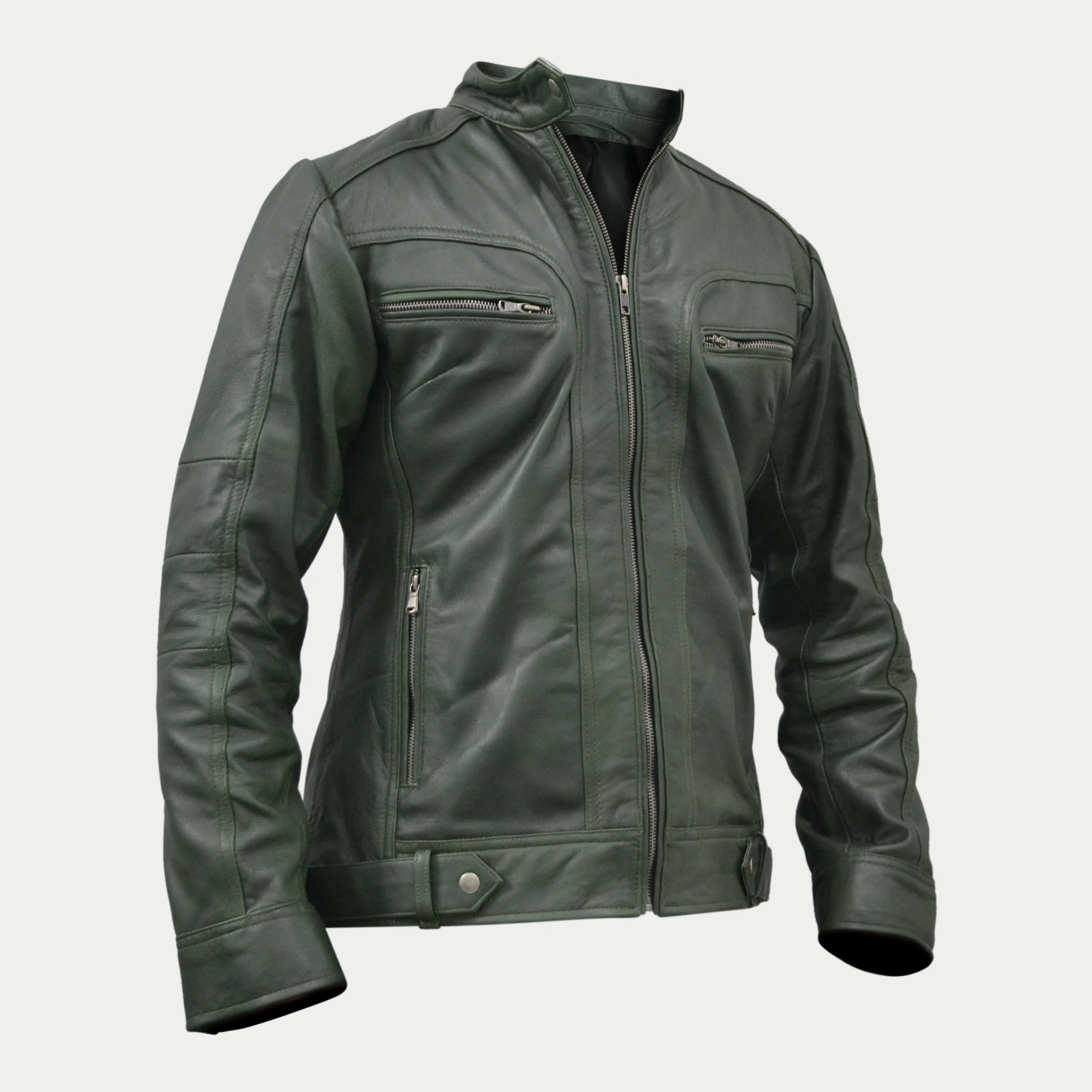 Women's Dark Green Genuine Lambskin Cafe Racer Leather Jacket