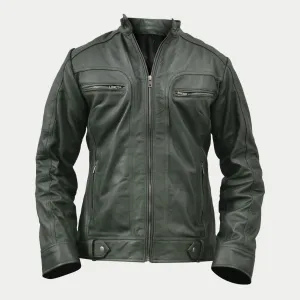 Women's Dark Green Genuine Lambskin Cafe Racer Leather Jacket