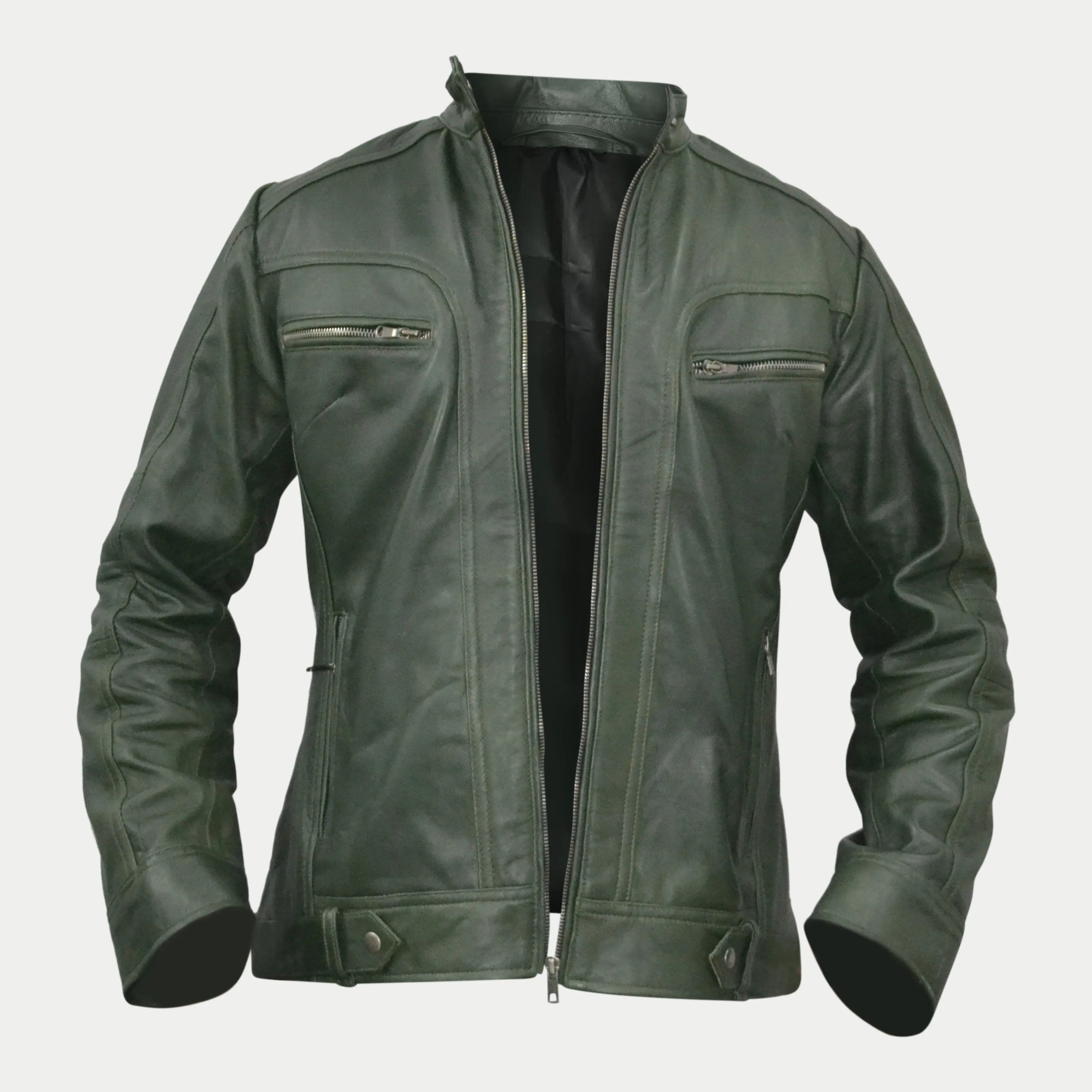 Women's Dark Green Genuine Lambskin Cafe Racer Leather Jacket