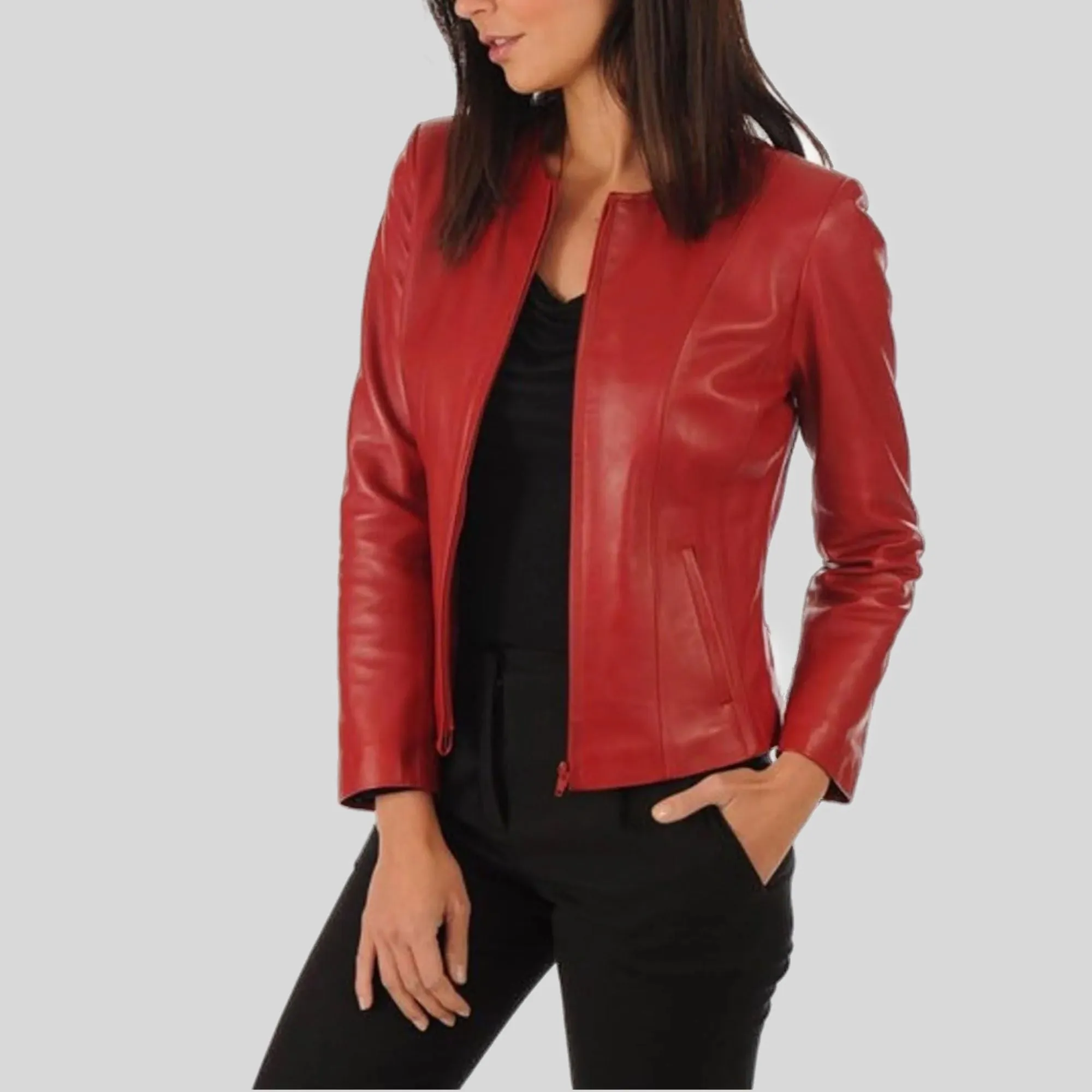 Women's Red Genuine Lambskin Cafe Racer Slim-Fit Leather Jacket